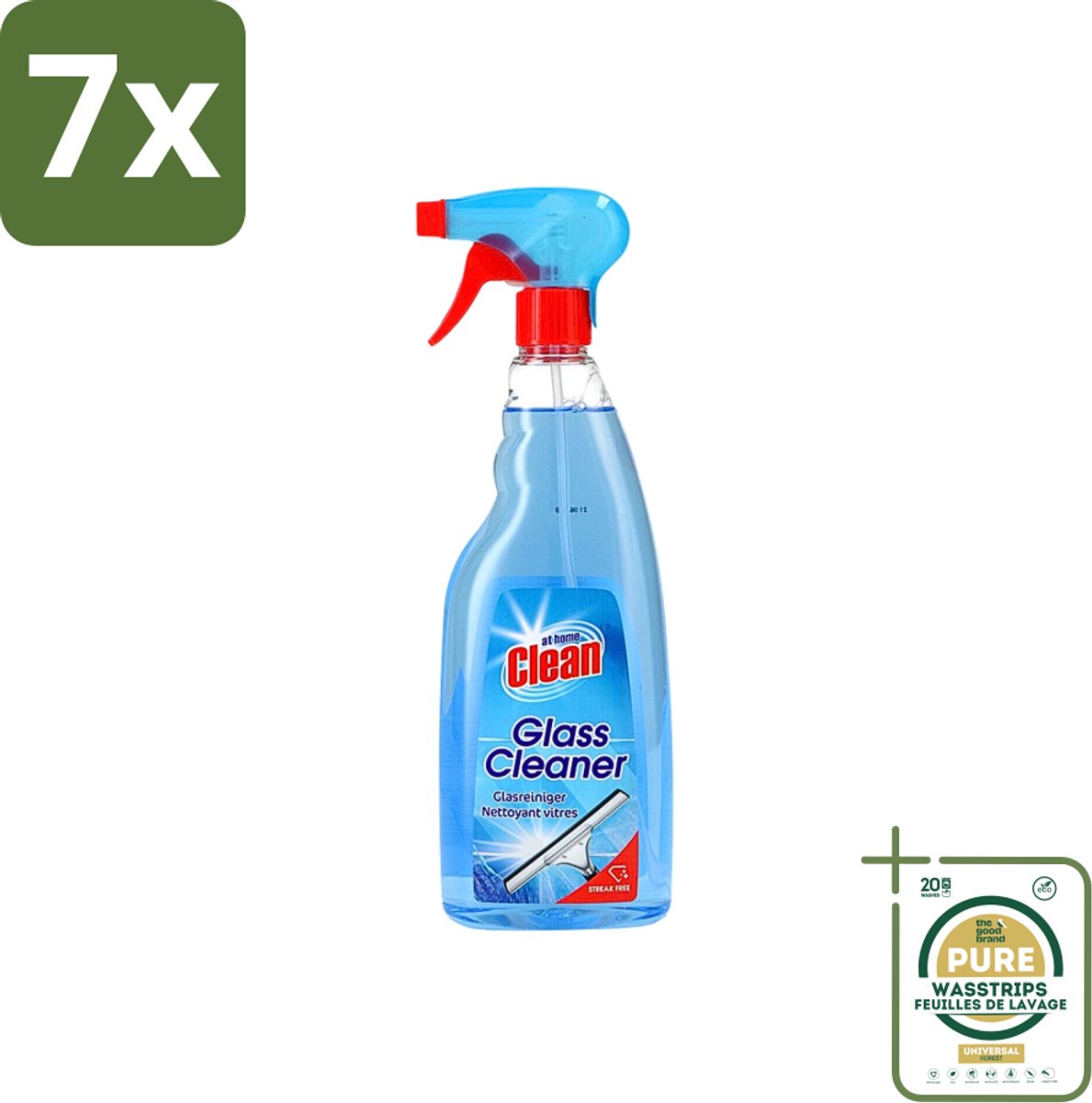 7 x At Home - Clean - Glasreiniger Spray - Streepvrij - 750 ml - Grootverpakking - Glas Reinigen - Streepvrije Reiniging - Glas Reiniger - Ramen Reinigen - Spiegel Reinigen