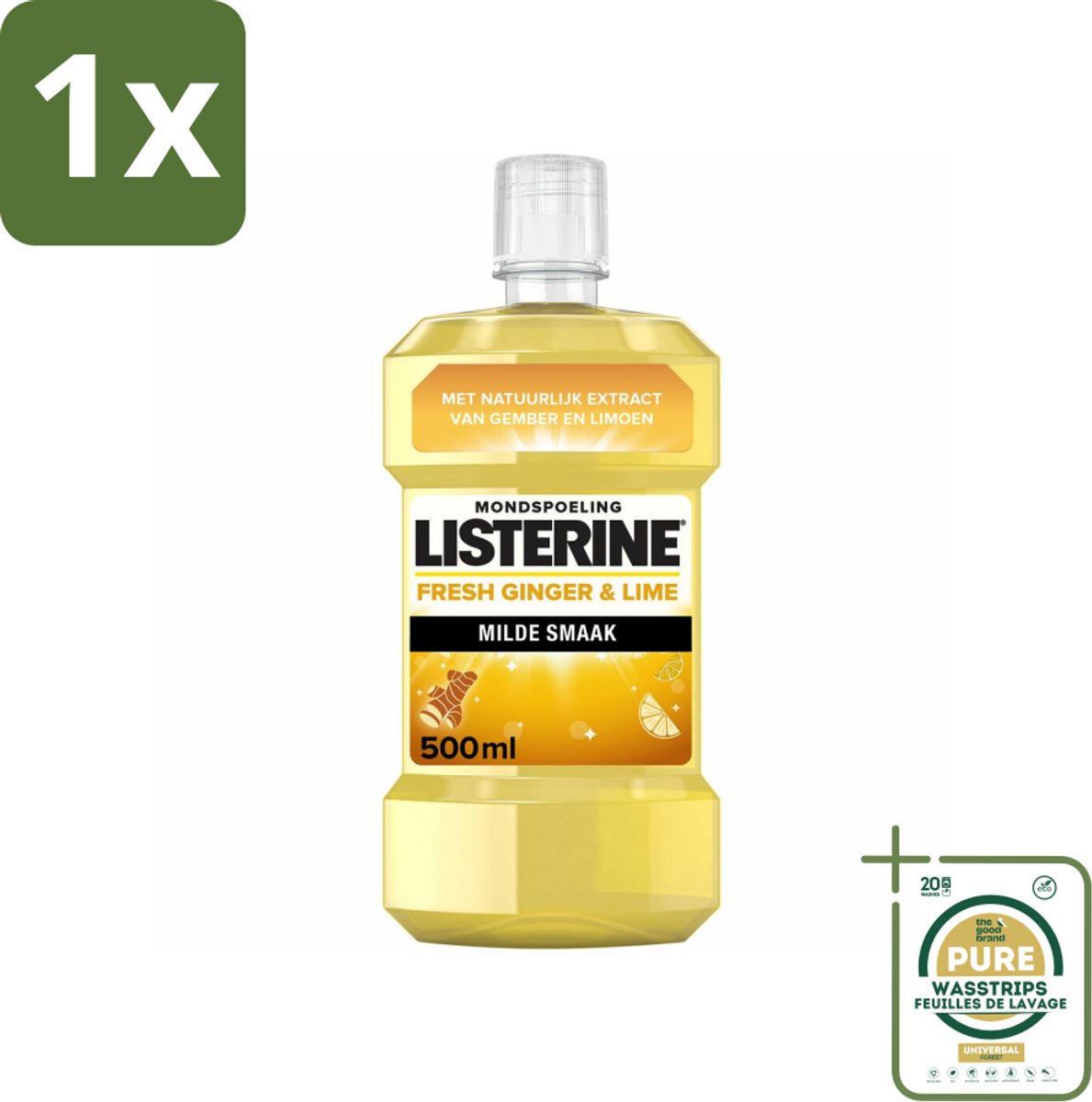 1 x Listerine - Mondwater - Fresh Ginger & Lime - 500 ml- Mondspoeling - Gember En Limoen - Tandplak - Bacteriën - Fluoride