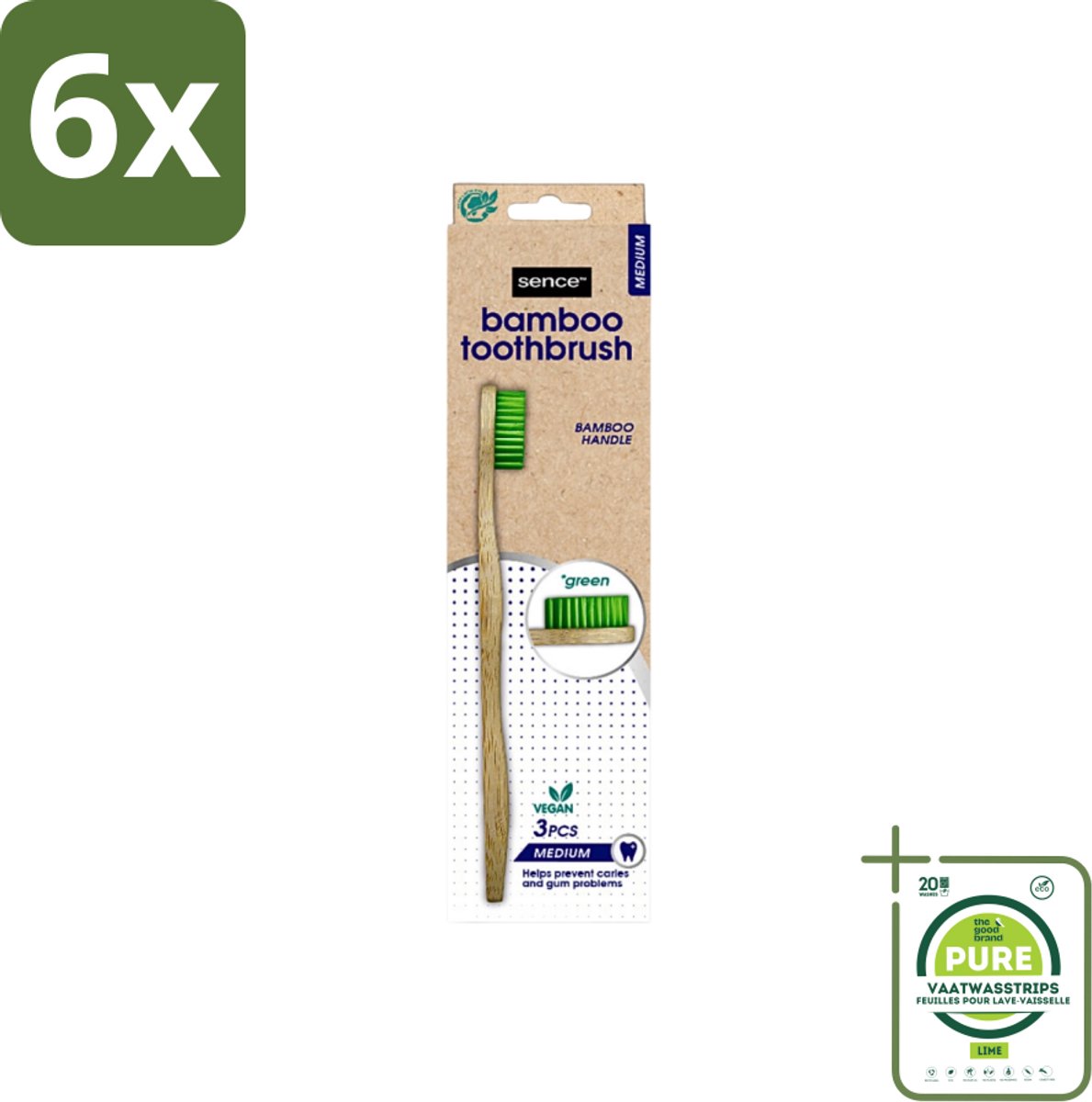 Sence - Bamboo - Tandenborstels - Medium - Set van 3 - Groen - Voordeelverpakking - 6 stuks - Tandenborstel - Bamboo tandenborstel