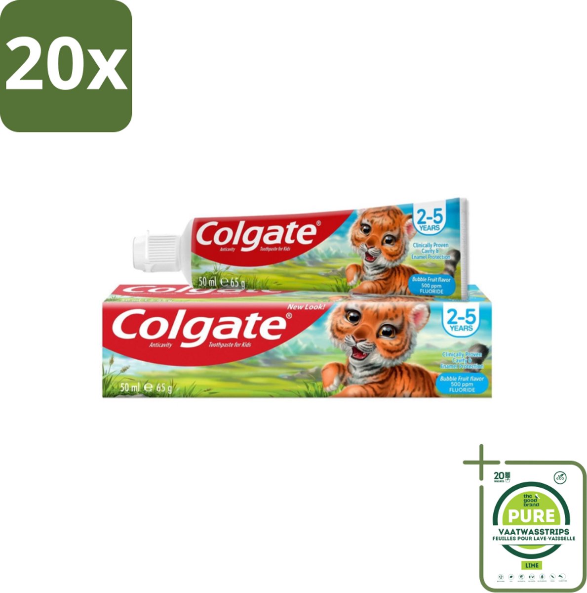 20 x Colgate - Bubble Fruit - Kindertandpasta - Voor 2 tot 5 jaar oud - 50ml - Grootverpakking - Kindertandpasta - Gaatjes Bestrijden - Melktanden Beschermen - Tandpasta Voor Jonge Kinderen - Bubble Fruit Smaak