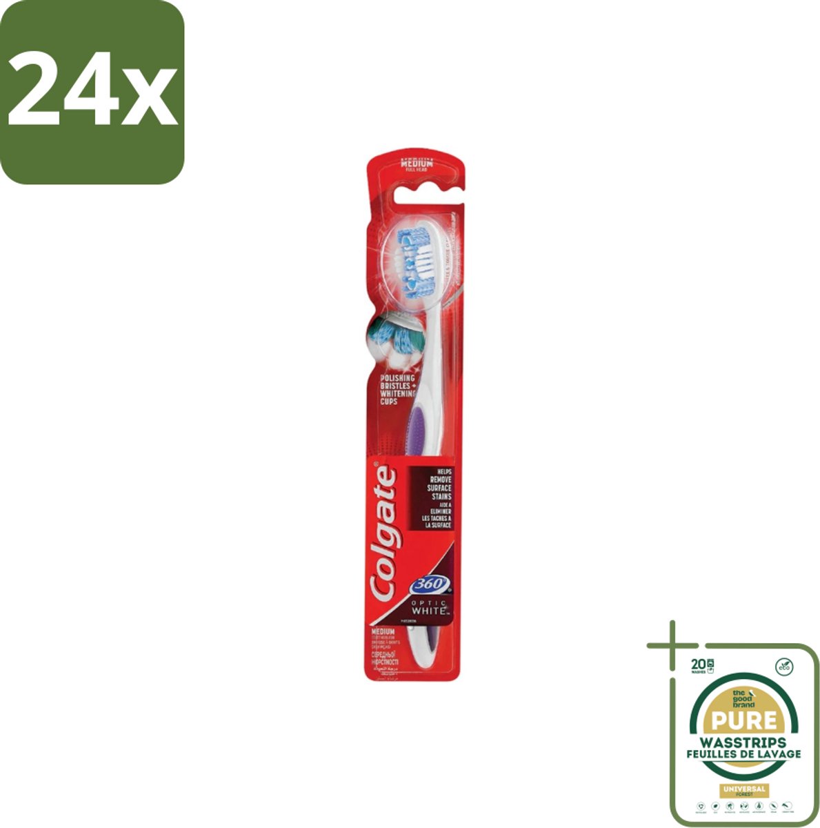 Colgate - Tandenborstel - 360 Optic White Medium- Wit - 1 Tandenborstel - Voordeelverpakking - 24 stuks - Mondverzorging - Tanden reinigen
