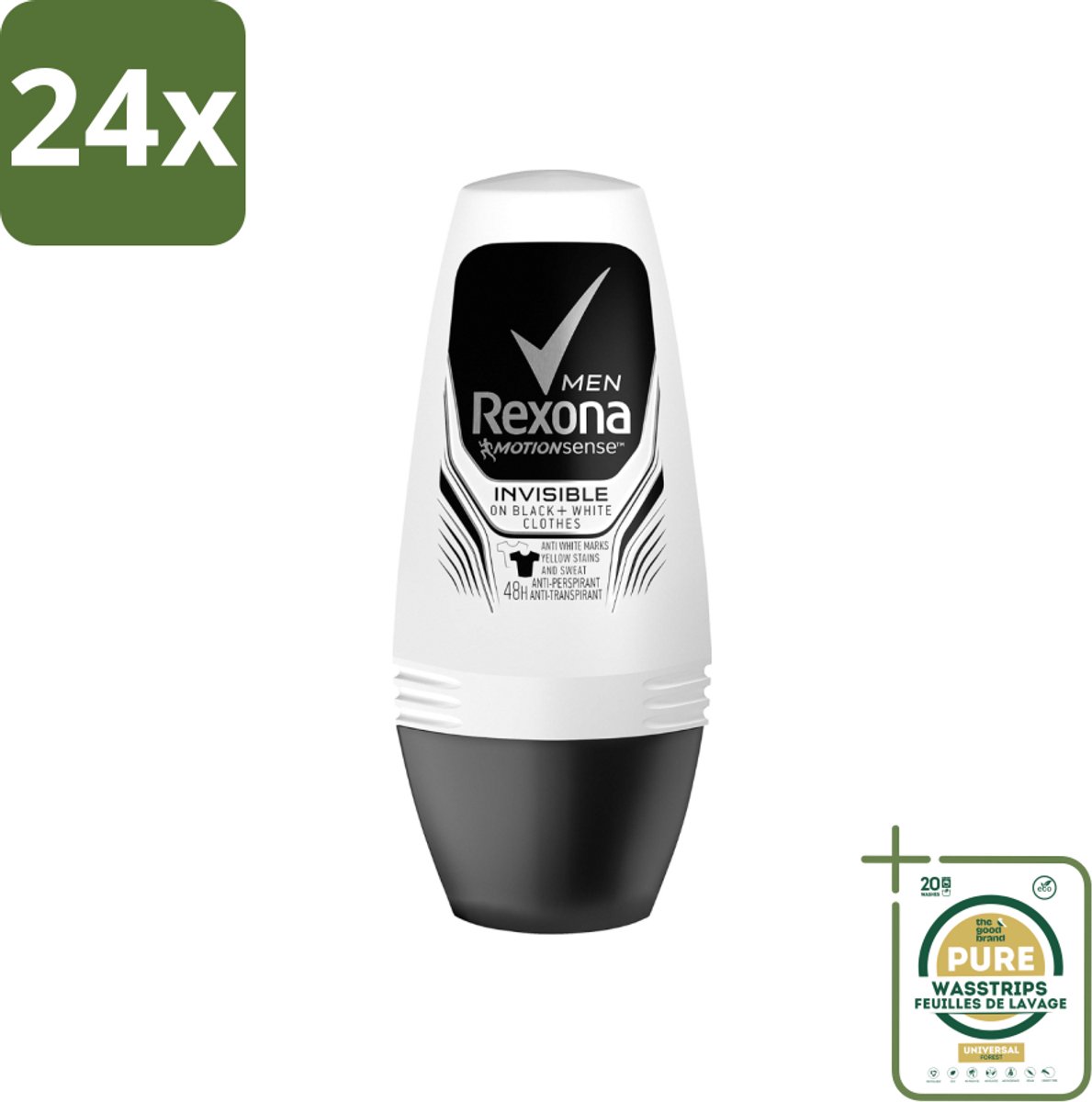 Rexona Men - Invisible On Black & White - Deo Roller - 50 ml - Voordeelverpakking - 24 stuks - Vlekkenbescherming - Roll-on deodorant