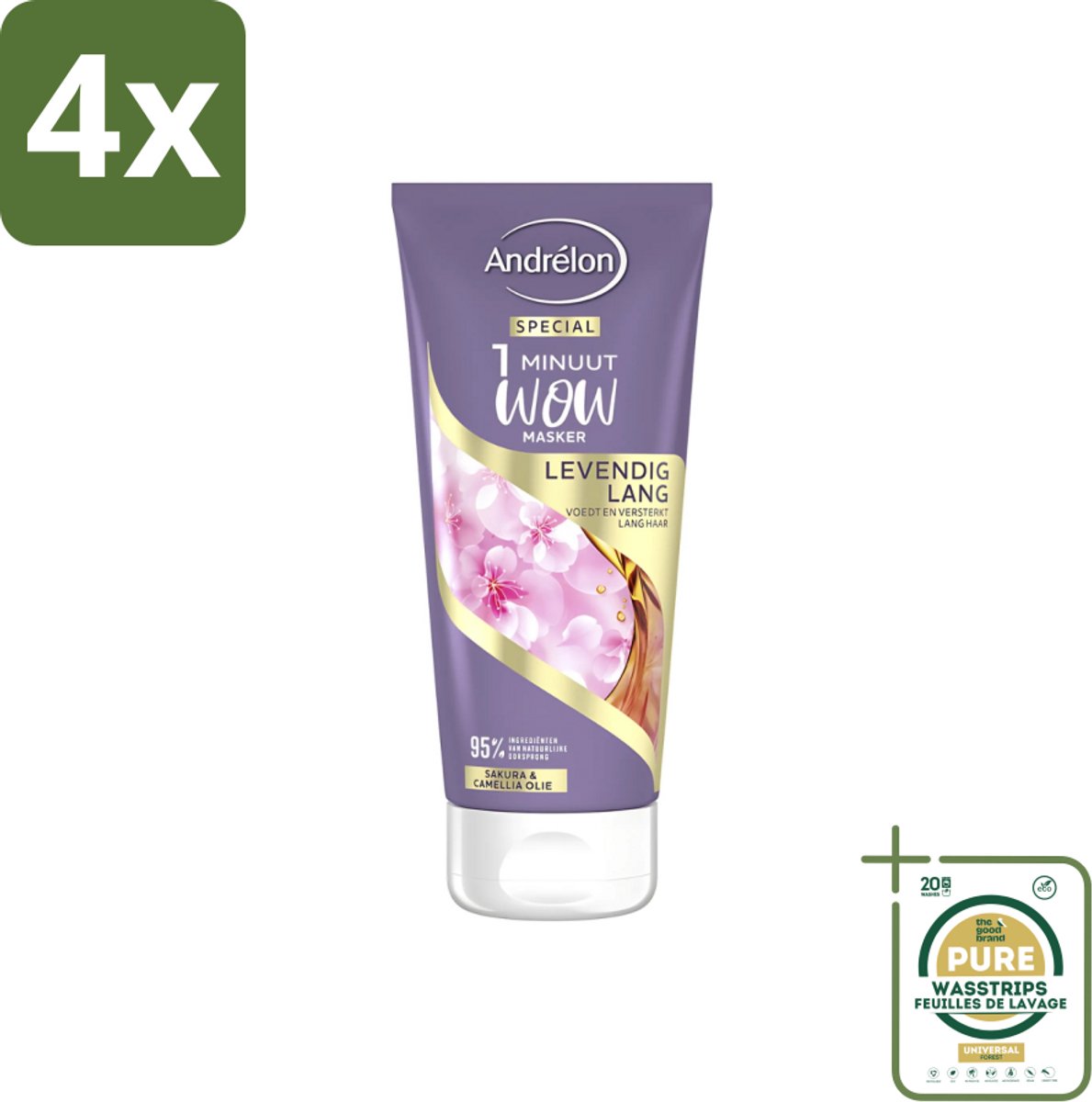 Andrélon - 1 Minuut Wow Haarmasker - Levendig Lang - 180 ml - Voordeelverpakking - 4 stuks - Sakura en camellia-olie - Haar herstel