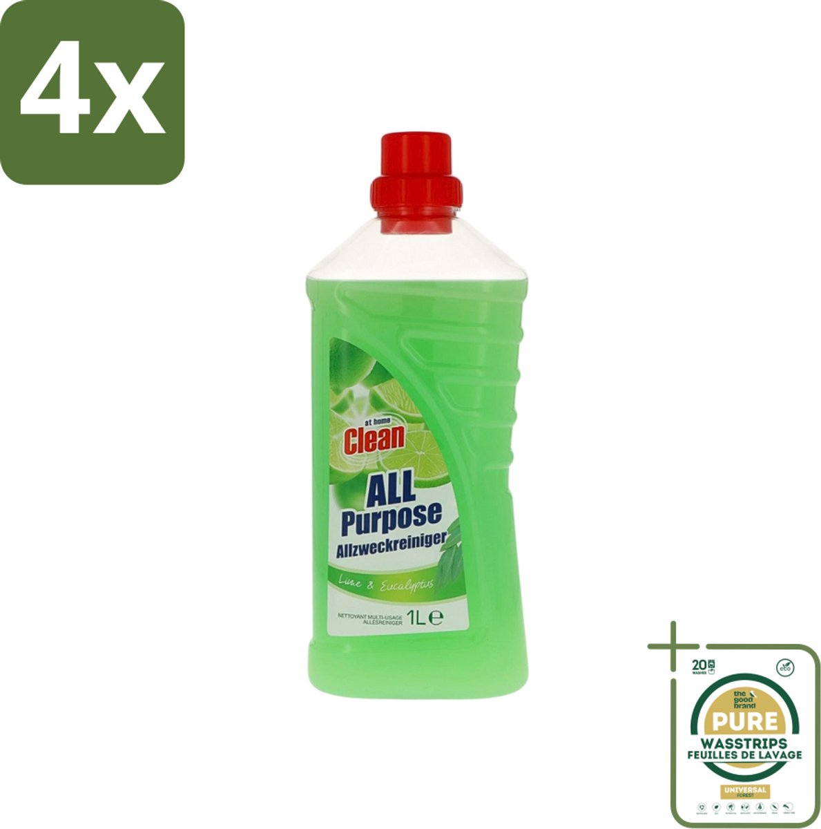At Home - Clean - Allesreiniger - Limoen & Eucalyptus - 1 L - Voordeelverpakking - 4 stuks - Limoen - Eucalyptus