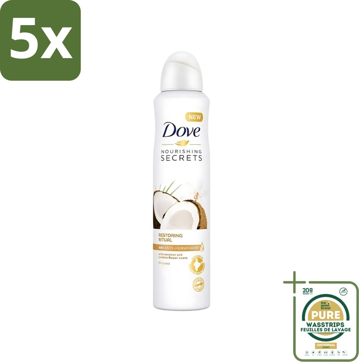 5 x Dove - Deodorant - Coconut & Jasmine Flower - Tropisch en verzorgend - 250 ml - Grootverpakking - Dove Deodorant - Kokos En Jasmijn - Anti-transpirant Spray - Verzorgende Deodorant - Geur Van Kokos En Jasmijn