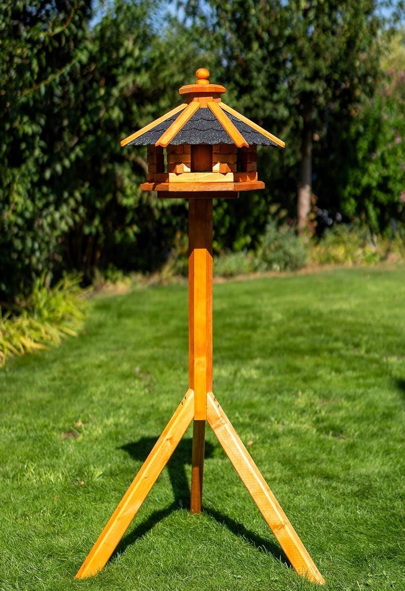 Vogelhuisje met Standaard - Voederhuisje Tuin - Vogels Voeren - Solarverlichting Inclusief - Maat XXL - Zwart