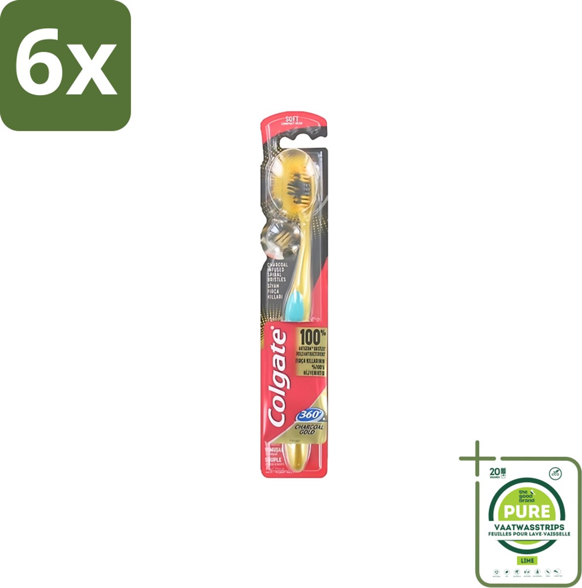 Colgate - Tandenborstel - 360 Charcoal Gold Soft - Zwart/Goud - 1 Tandenborstel - Voordeelverpakking - 6 stuks - Tandenborstel - Houtskool