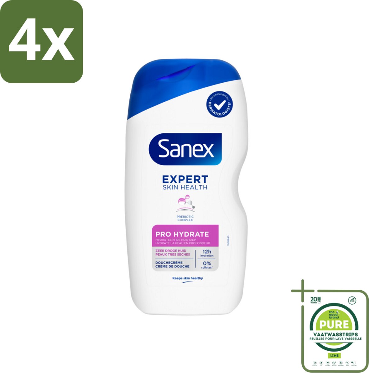 Sanex Douchegel Expert Skin Health Pro Hydrate 400 ml - Voordeelverpakking - 4 stuks - Droge huid - Hydratatie