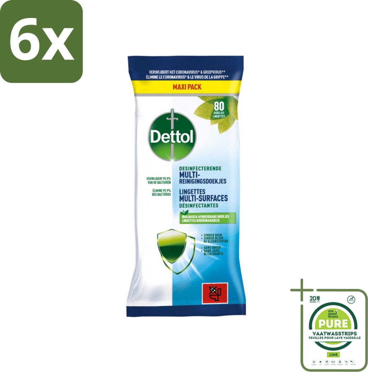 Dettol - Multi-Reinigingsdoekjes - Desinfecterend - Zonder Bleek & Geurstoffen - Biologisch Afbreekbaar - 80 Doekjes - Voordeelverpakking - 6 stuks - Dettol doekjes - Hygiëne