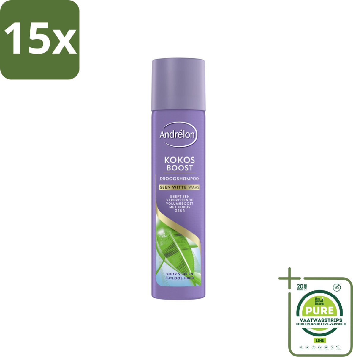 15 x Andrélon Droogshampoo Kokos Boost 245 ml - Grootverpakking - Droogshampoo - Kokos Boost - Volume Haar - Fris Haar - Vet Absorberend
