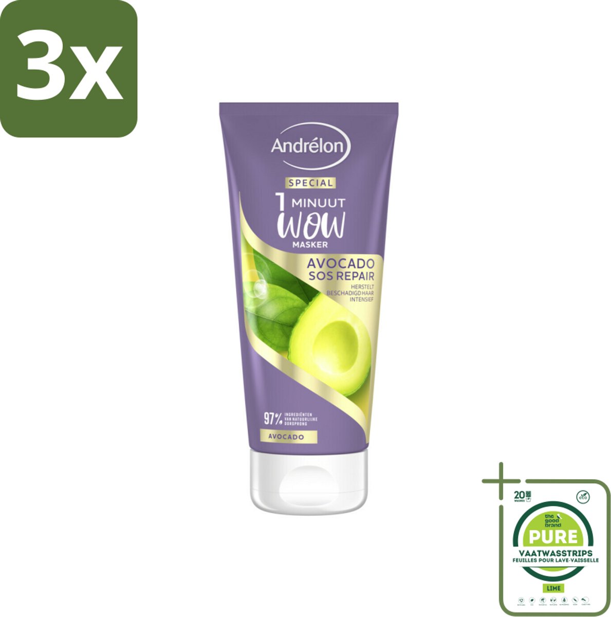 3 x Andrélon 1 Minuut Wow Masker Avocado SOS Repair 180 ml - Grootverpakking - 1 Minuut Herstel - Beschadigd Haar Herstel - Avocado Haarmasker - Haarmasker 1 Minuut - Haarmasker Voor Beschadigd Haar