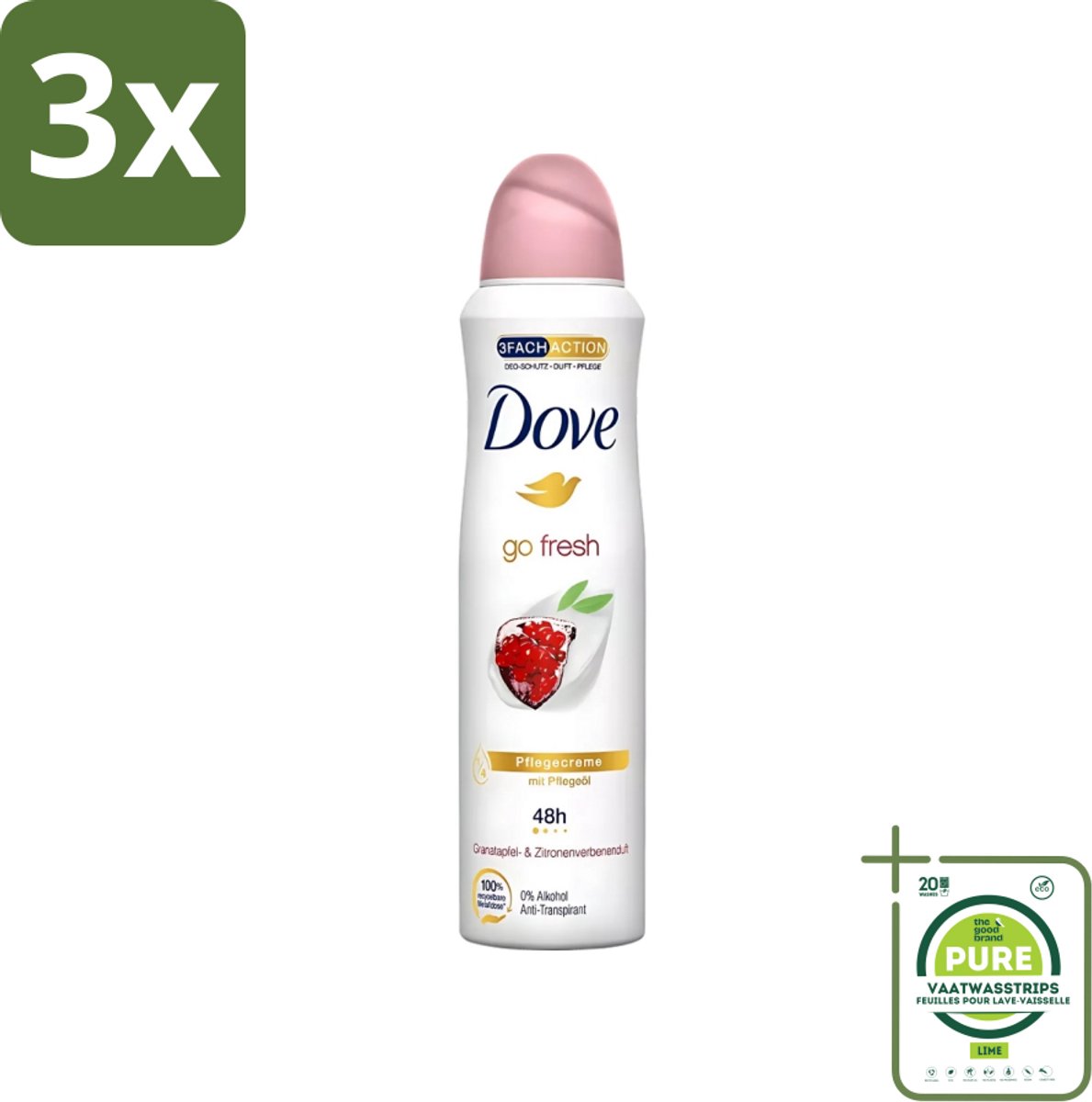 3 x Dove - Deodorant - Go Fresh Granaatappel - Frisse en fruitige geur - 150 ml - Grootverpakking - Dove Go Fresh - Granaatappel - Anti-transpirant Spray - Frisheid - Huidverzorging