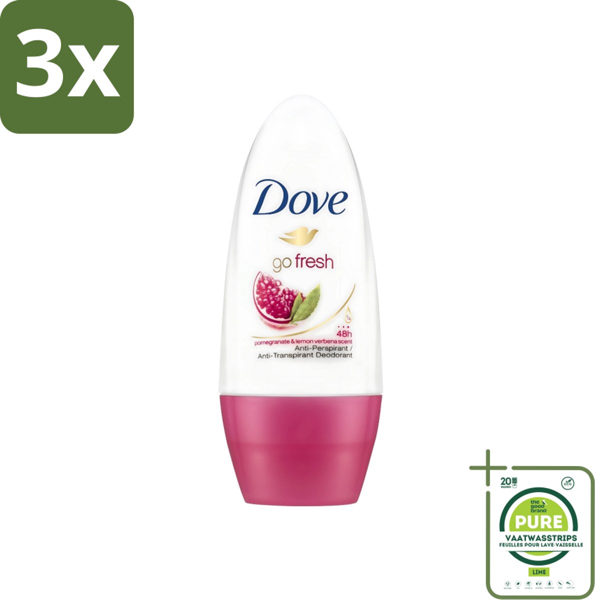 3 x Dove - Deodorant - Roll-on Go Fresh Granaatappel - Frisse geur - 50 ml - Grootverpakking - Dove Go Fresh - Granaatappel - Roll-on Deodorant - Anti-transpirant - Fruitige Geur