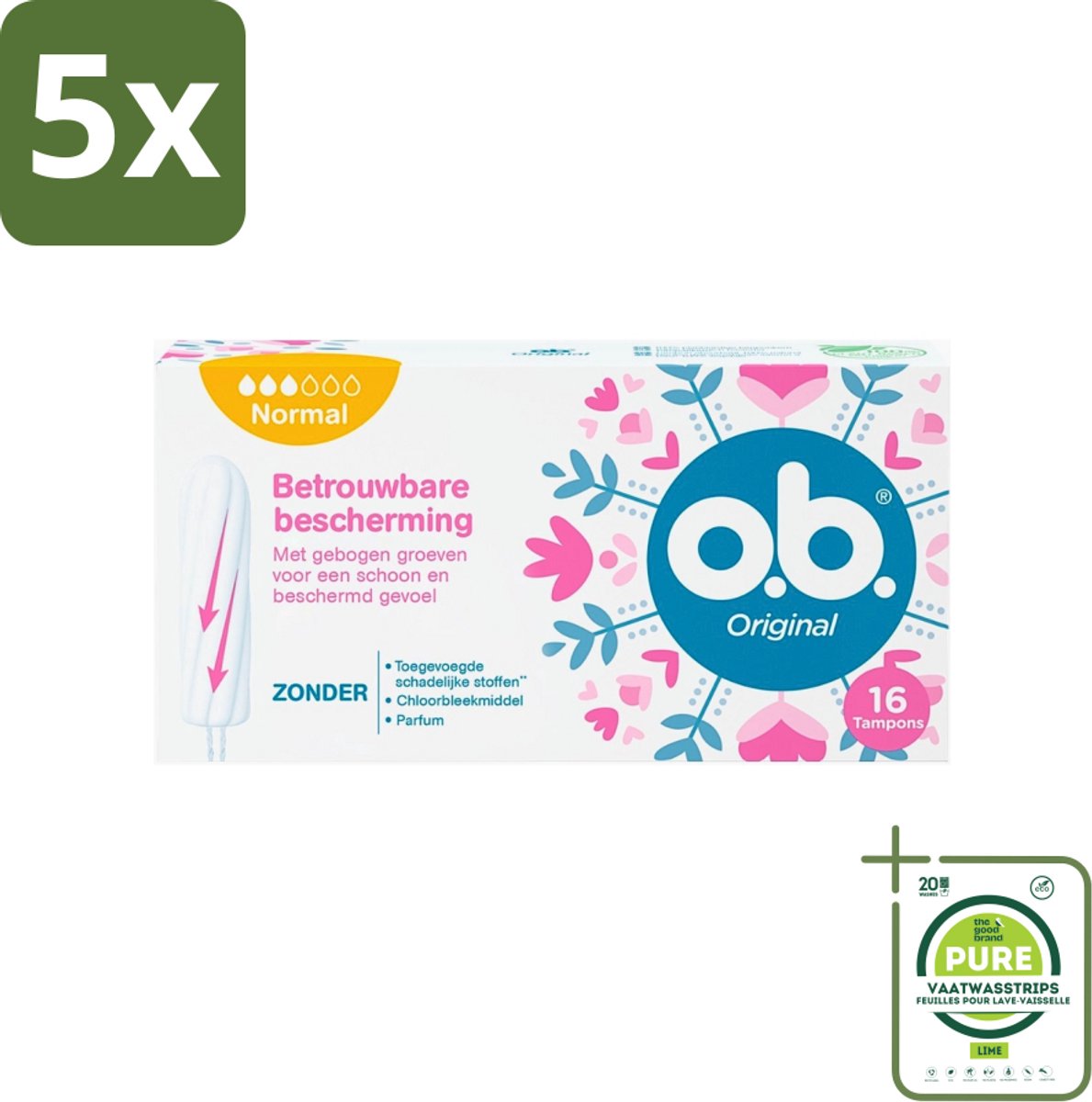 5 x o.b. Tampons - Original Normal - Voor Comfort en Betrouwbare Bescherming - 16 Tampons - Grootverpakking - Tampons - Menstruatiebescherming - Plantaardige Tampons - Chloorvrije Tampons - Parfumvrije Tampons