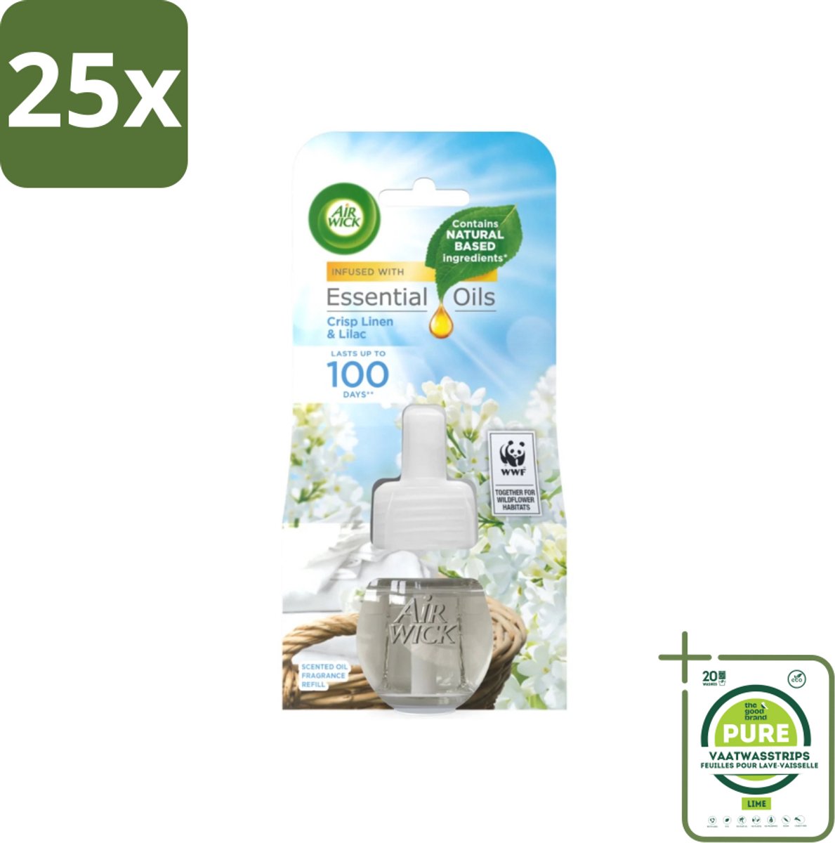25 x Air Wick - Luchtverfrisser Navulling - Essentiële Oliën - Fris Linnen & Lilac - Elektrische Geurverspreider - 20 ml - Grootverpakking - Luchtverfrisser - Essentiële Oliën - Frisse Geur - Linnen Geur - Lila Geur