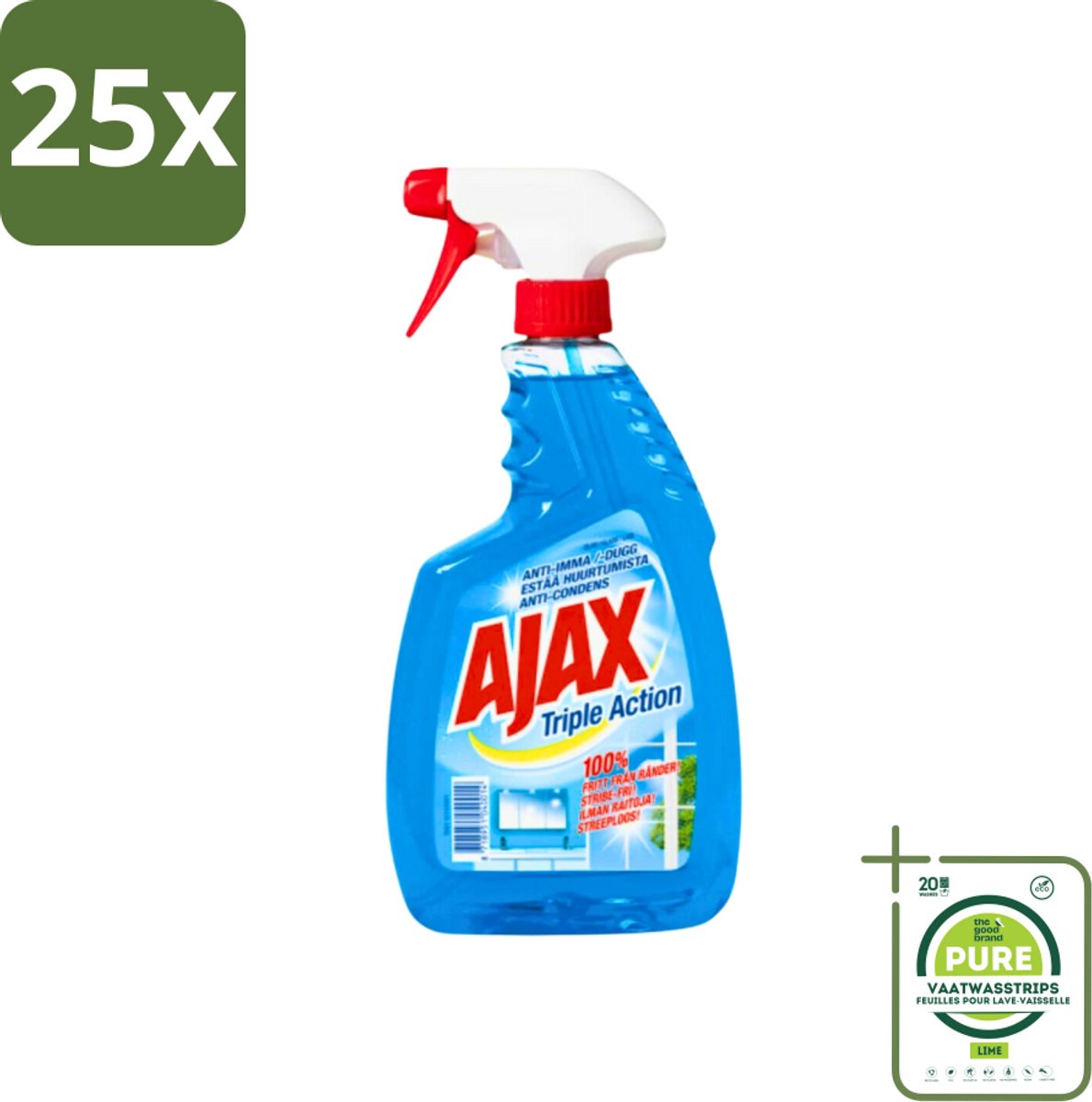 25 x Ajax - Glasreiniger Spray - Triple Action - Streeploos Schoon - Anti-Condens - 750 ml - Grootverpakking - Glas Reinigen - Ramen Reinigen - Glas Reiniger - Schrobben Vrij - Na Spoelen Vrij