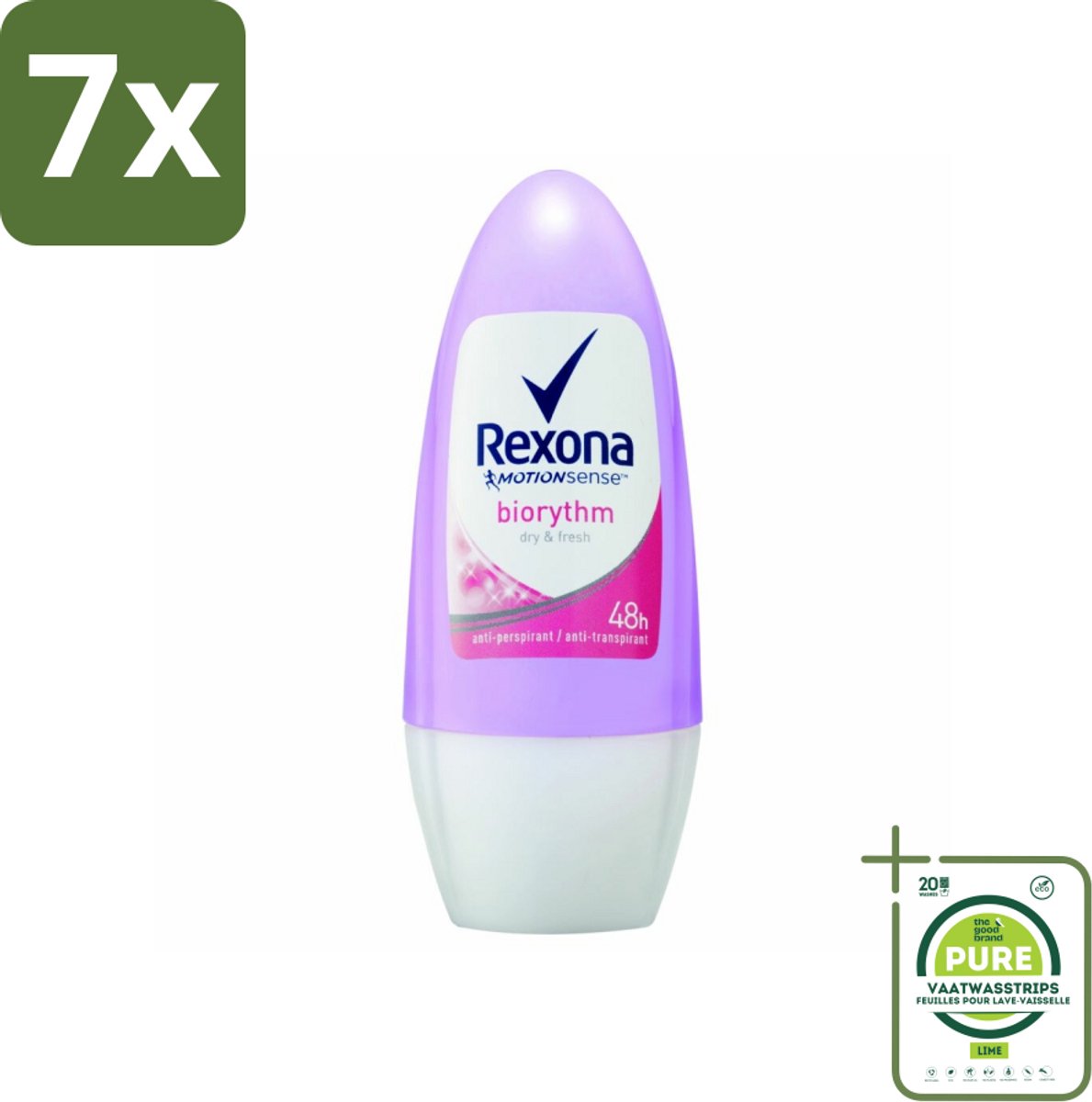 7 x Rexona - Biorythm - Deo Roll-on - Anti-transpirant - Anti-perspirant - 50 ml - Grootverpakking - Anti-transpirant - Zweetbehandeling - Deodorant - Biologisch Ritme - 48 Uur Bescherming