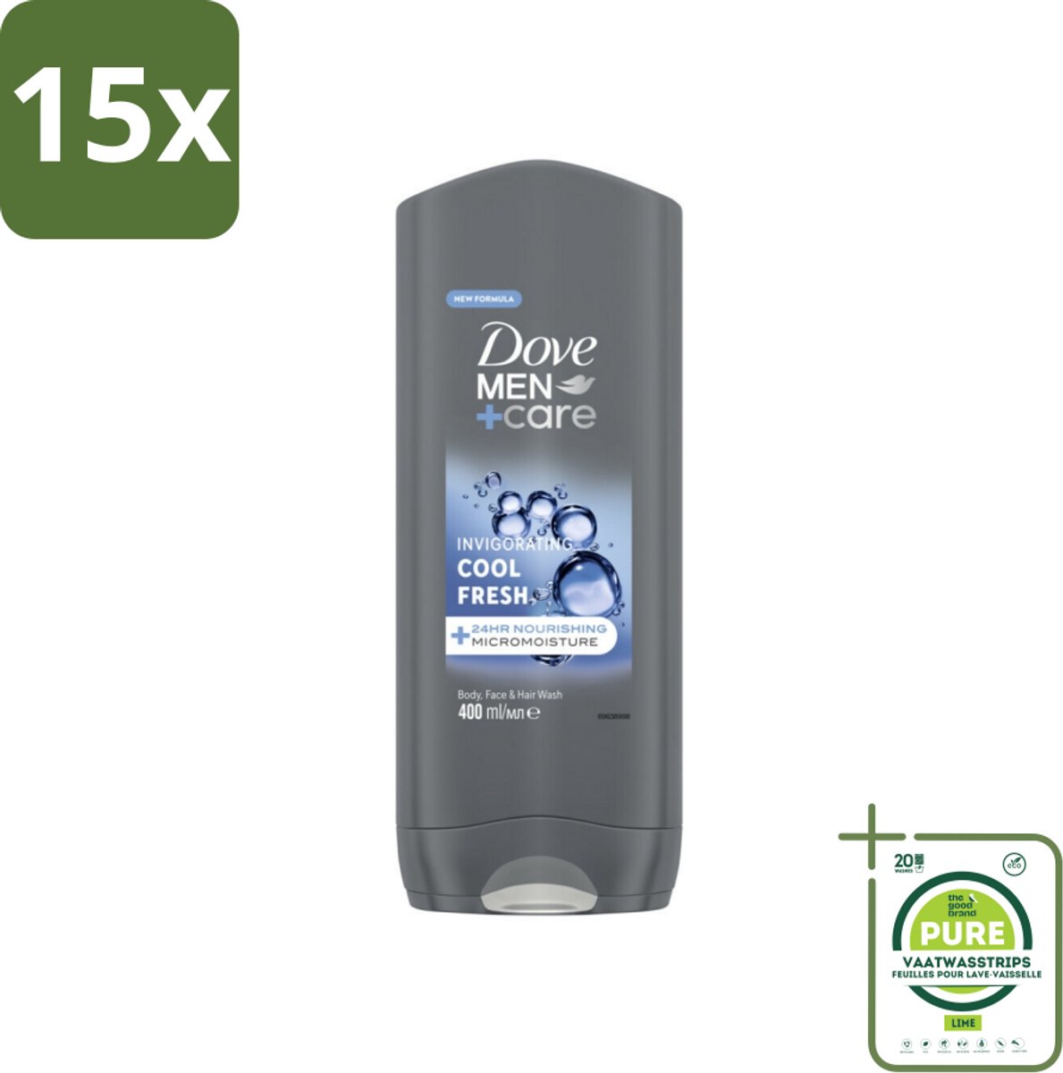 15 x Dove - Douchegel - Men+ Care Cool Fresh - Verfrissend en energiegevend - 400 ml - Grootverpakking - Douchegel Voor Mannen - Verfrissende Geur - Hydraterende Douchegel - Micro Moisture Technologie - Huid Verzorging
