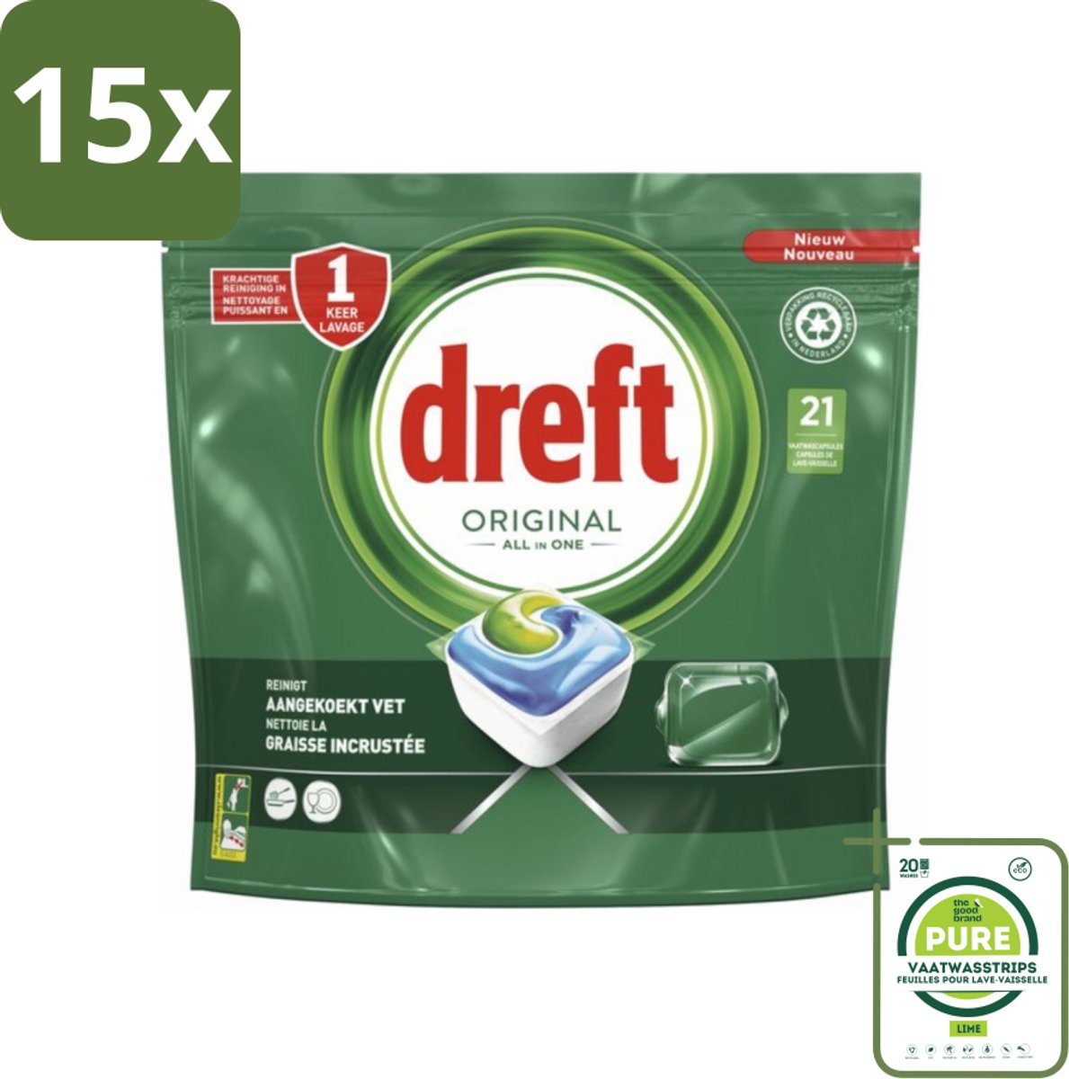 15 x Dreft - Original All In One - Vaatwascapsules - Tegen Aangekoekt Vet - 21 Capsules - Grootverpakking - Vaatwasser - Vaatwascapsule - Reiniging - Vetoplossing - Vaat Reinigen