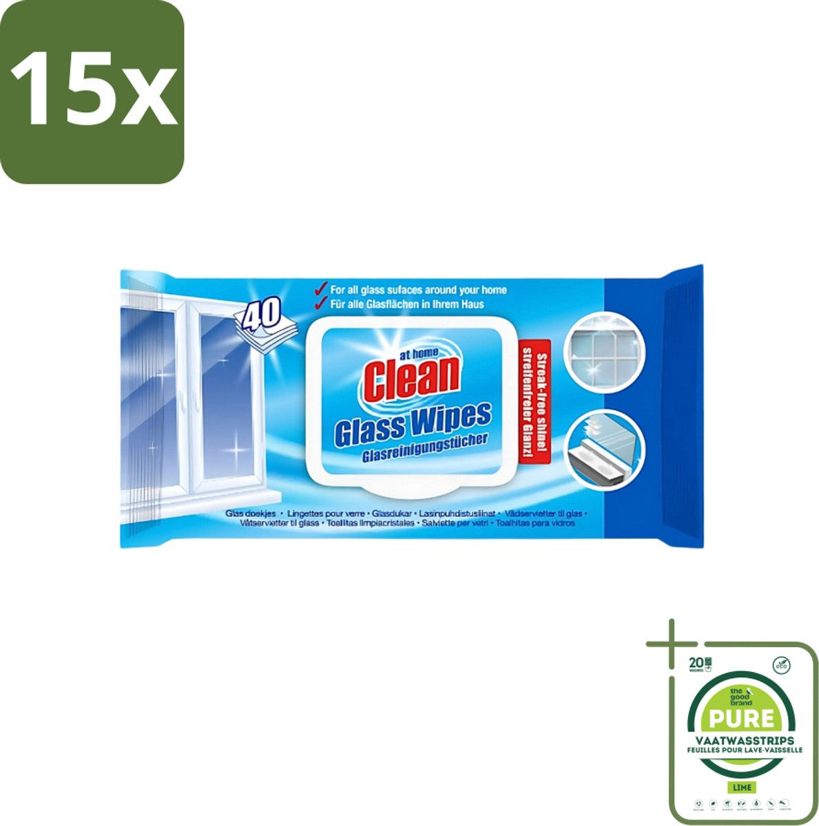 15 x At Home - Clean - Glas Reinigingsdoekjes - Reinigt Streepvrij - 40 Doekjes - Grootverpakking - Reinigingsdoekjes Glas - Streepvrije Doekjes - Glas Reinigen - Ruiten Reinigen - Spiegels Reinigen