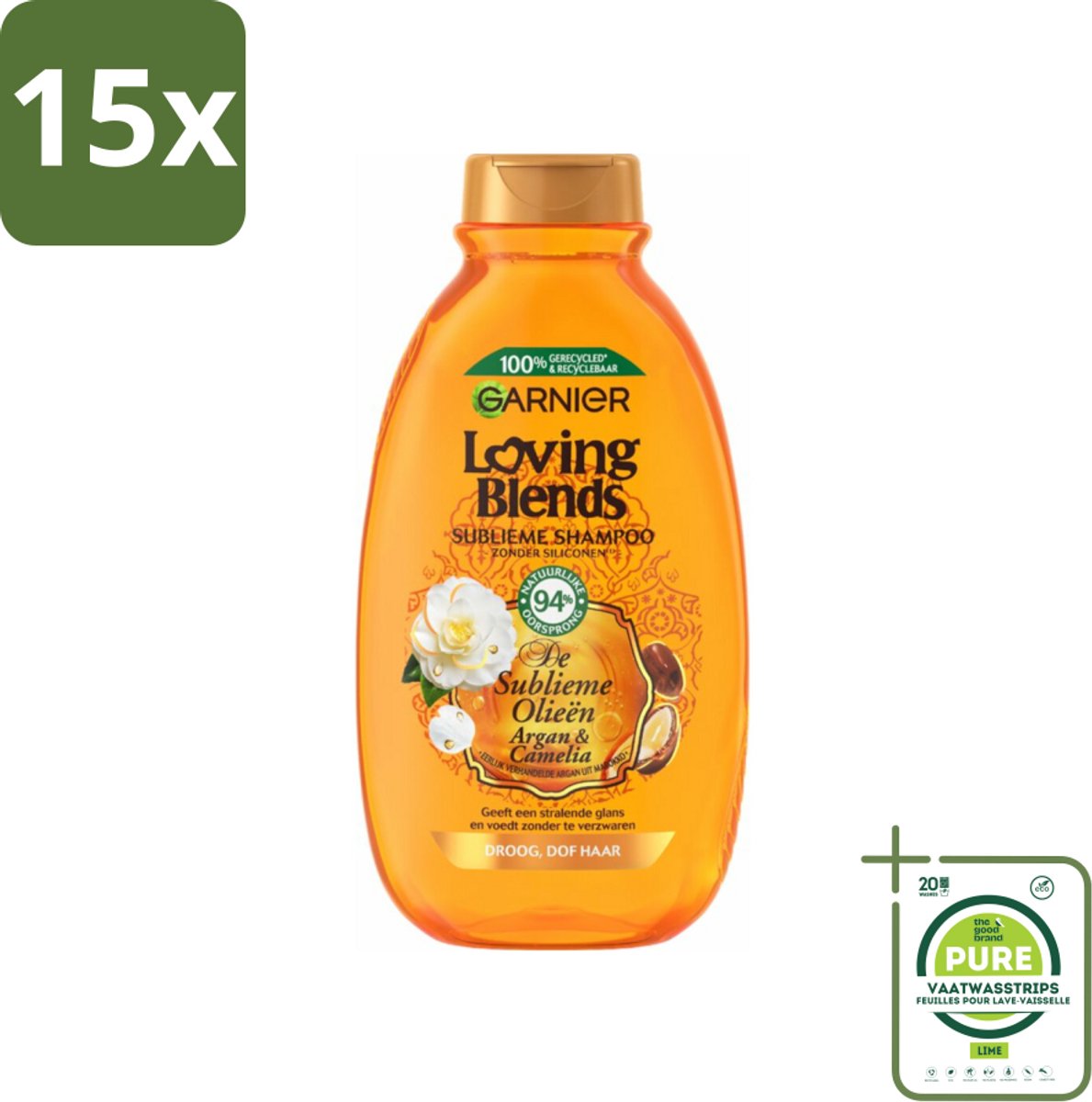 15 x Garnier Loving Blends Argan- en Cameliaolie Shampoo 300 ml - Grootverpakking - Droog Haar - Dof Haar - Haarvoeding - Haarherstel - Arganolie