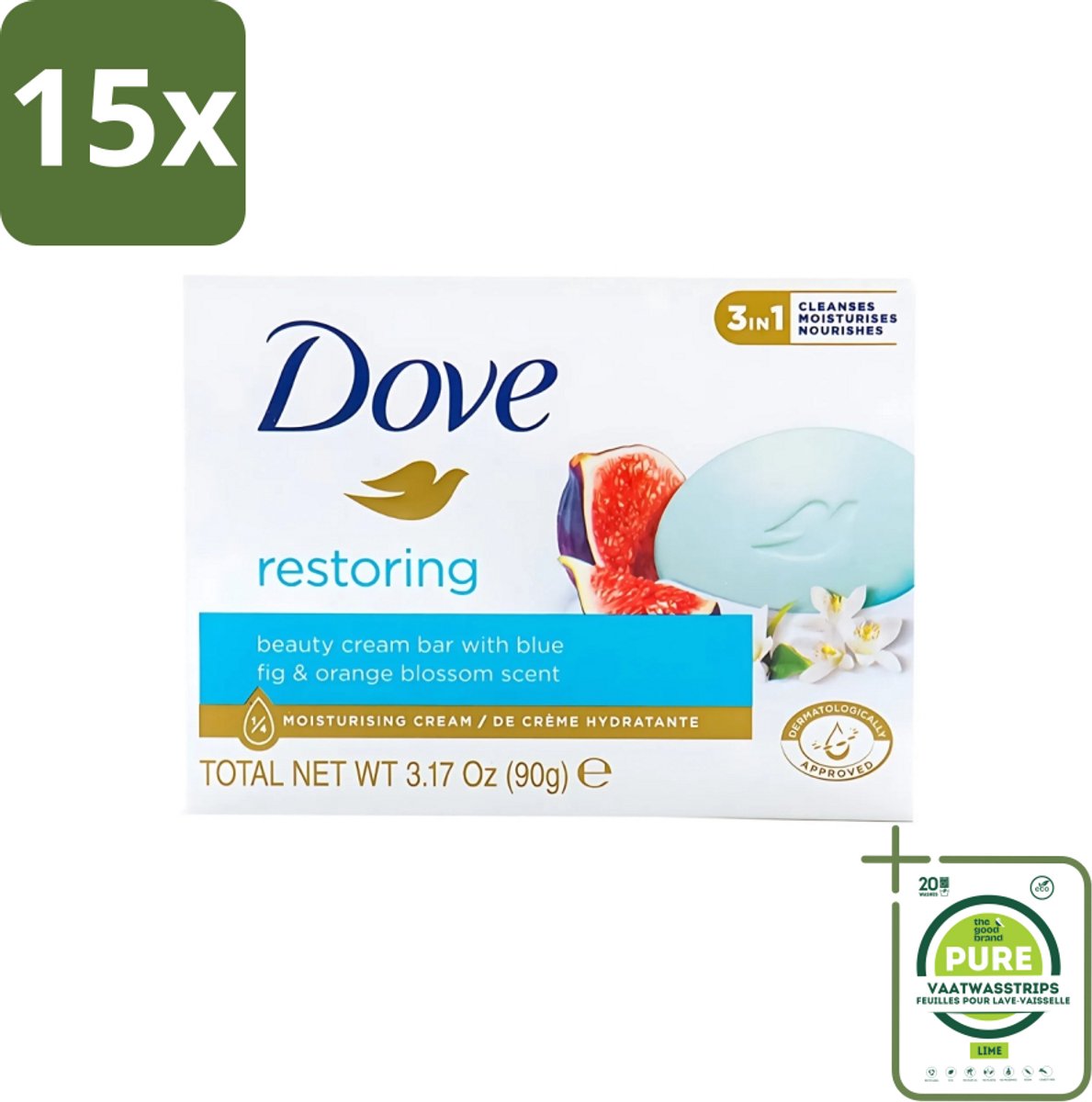 15 x Dove - Zeep - Restoring - Blauwe vijg & Sinaasappelbloesem - Hydraterend en verfrissend - 90 g - Grootverpakking - Dove Zeep - Hydraterend - Verfrissend - Go Fresh Restore - Blauwe Vijg