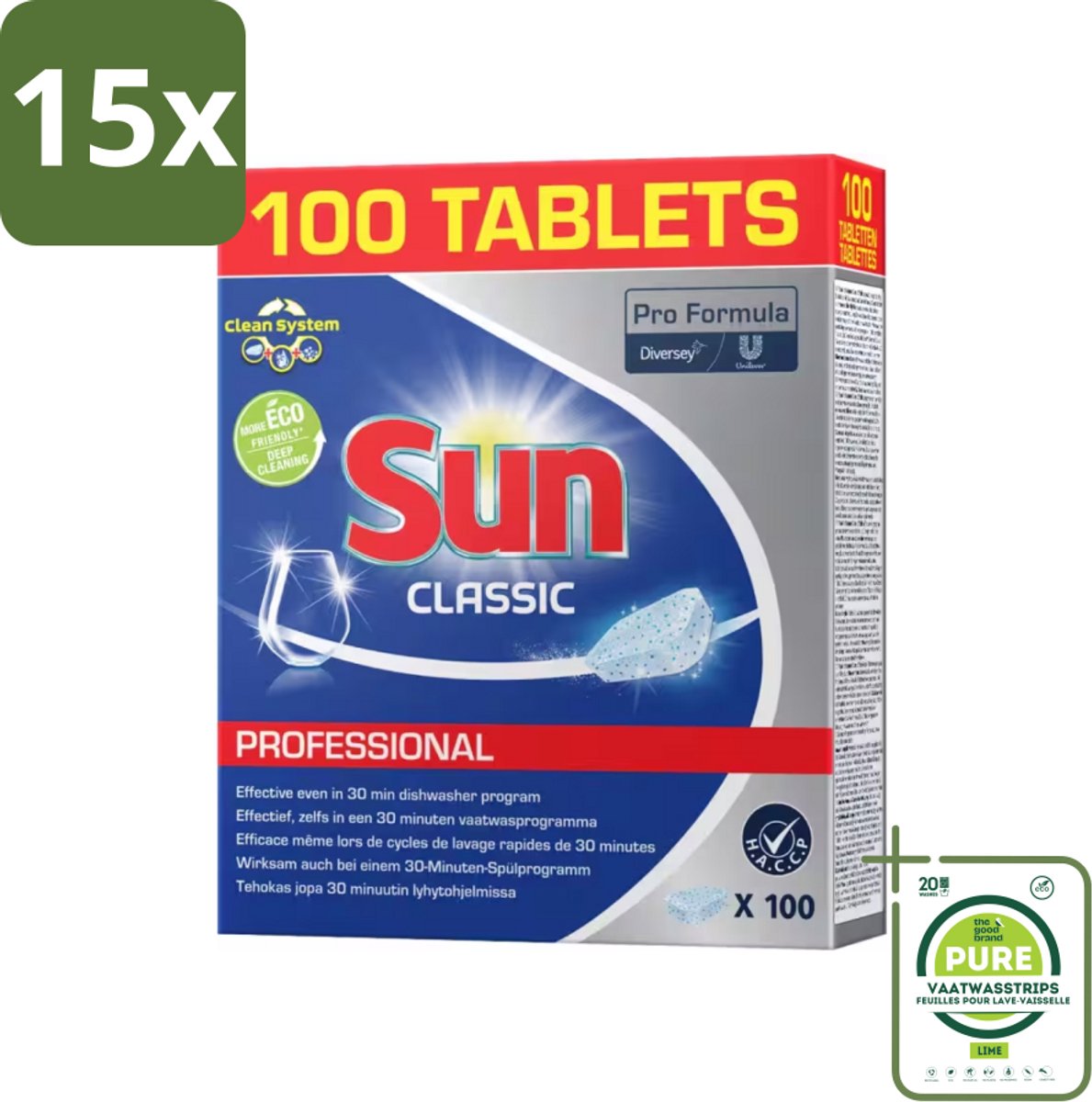 15 x Sun - Classic Professional - Vaatwastabletten - 100 Tabletten - Grootverpakking - Vaatwasmachine - Vaatwastabletten - Vaat Reinigen - Vaatwasmiddel - Vaatwasmachine Tablet