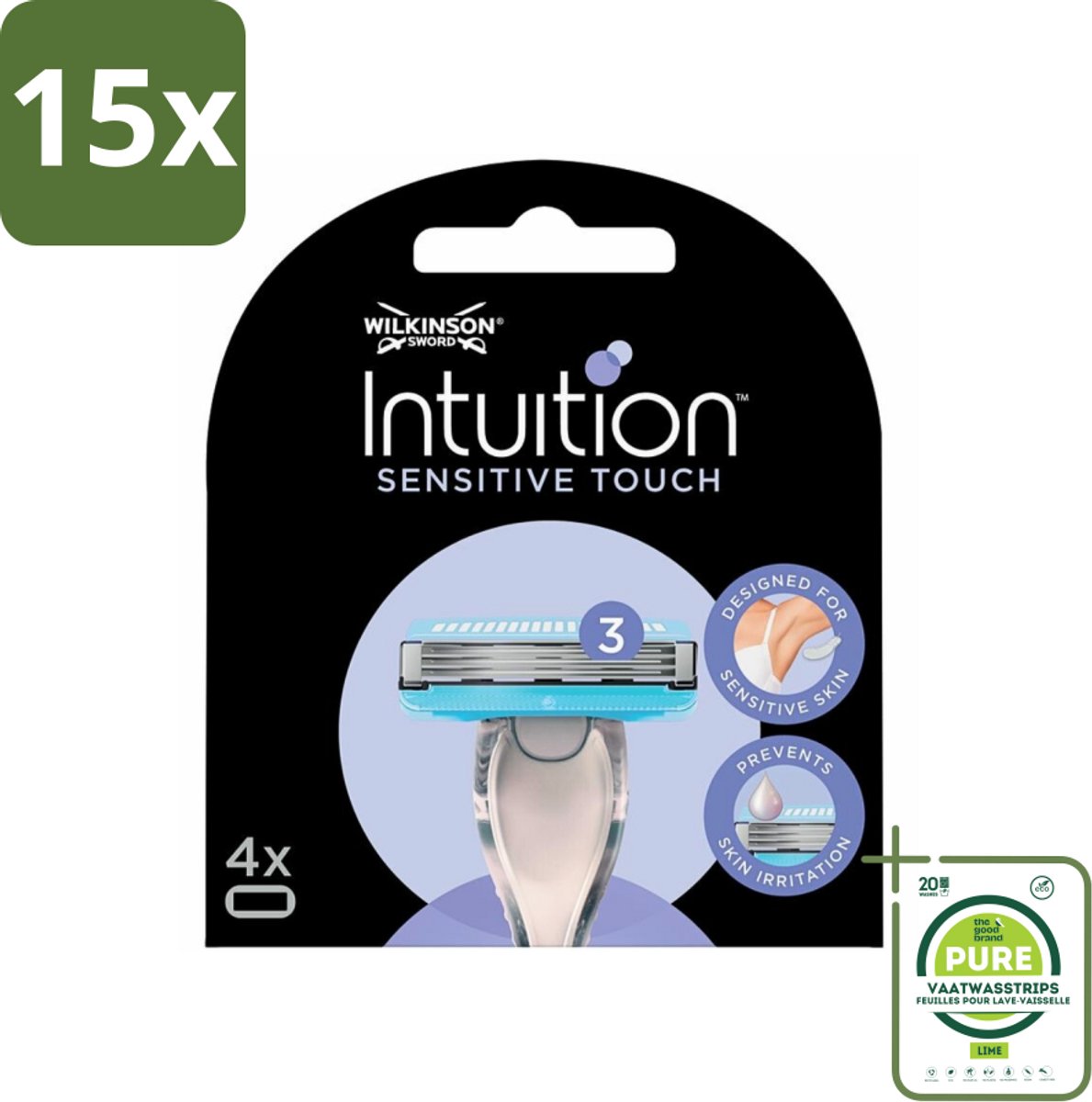 15 x Wilkinson - Navulmesjes Intuition Sensitive Touch - Met Aloe Vera - 3 scheermesjes - Grootverpakking - Scheermesjes - Gevoelige Zones - Aloe Vera - Cacaoboter - Curve-sensing