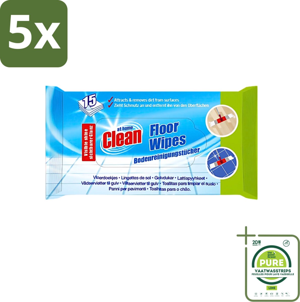 5 x At Home - Clean - Vloer Reinigingsdoekjes - Reinigt Effectief - 15 Doekjes - Grootverpakking - Vloer Reinigen - Reinigingsdoek - Vloer Doek - Glans Vloer - Schoonmaken Vloer
