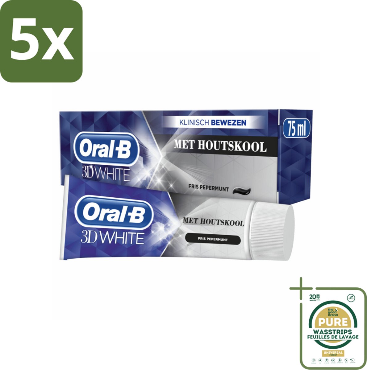 5 x Oral-B Tandpasta 3D White Houtskool 75 ml - Grootverpakking - Tandpasta Whitening - Houtskool Tandpasta - Witte Glimlach - Verkleuring Verwijderen - Diepe Reiniging