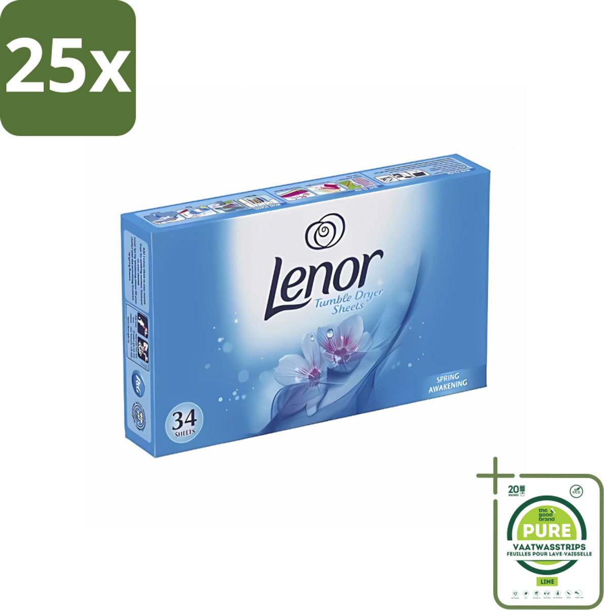 25 x Lenor - Droogtrommeldoekjes - Spring Awakening - 34 Doekjes - Grootverpakking - Droogtrommeldoekjes - Droogtrommel - Frisheid - Voorjaar - Geur