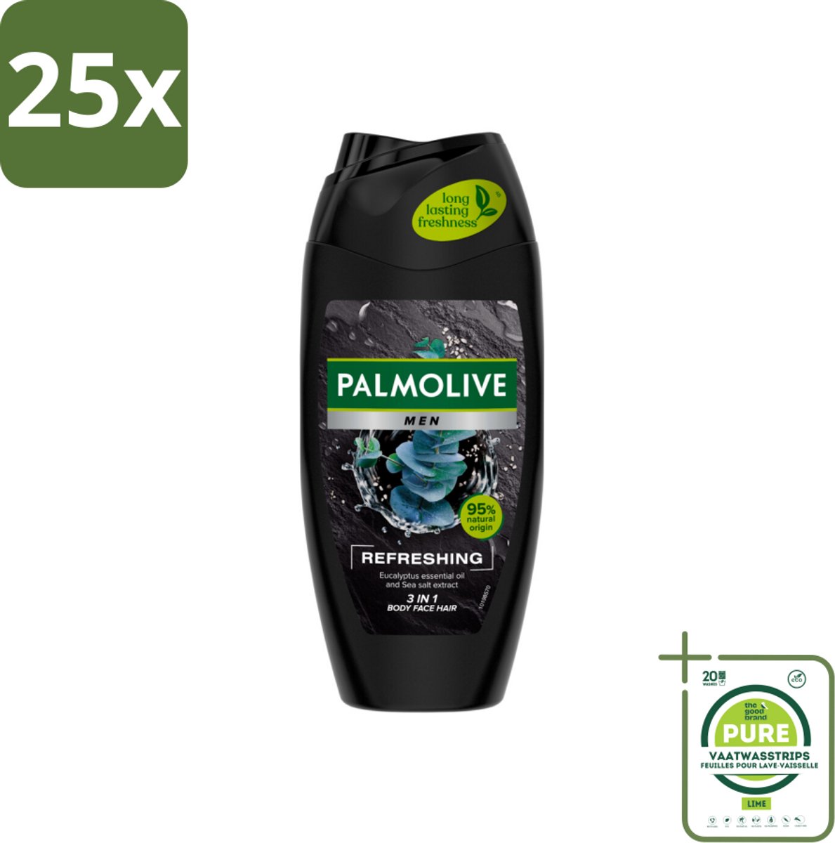 25 x Palmolive Men 3-in-1 Body Face Hair Refreshing Etherische Eucalyptusolie Zeezoutextract 250 ml - Grootverpakking - Douchegel Voor Mannen - Verfrissende Douchegel - Fris En Verzorgend - Citrus En Eucalyptus - Glycerine