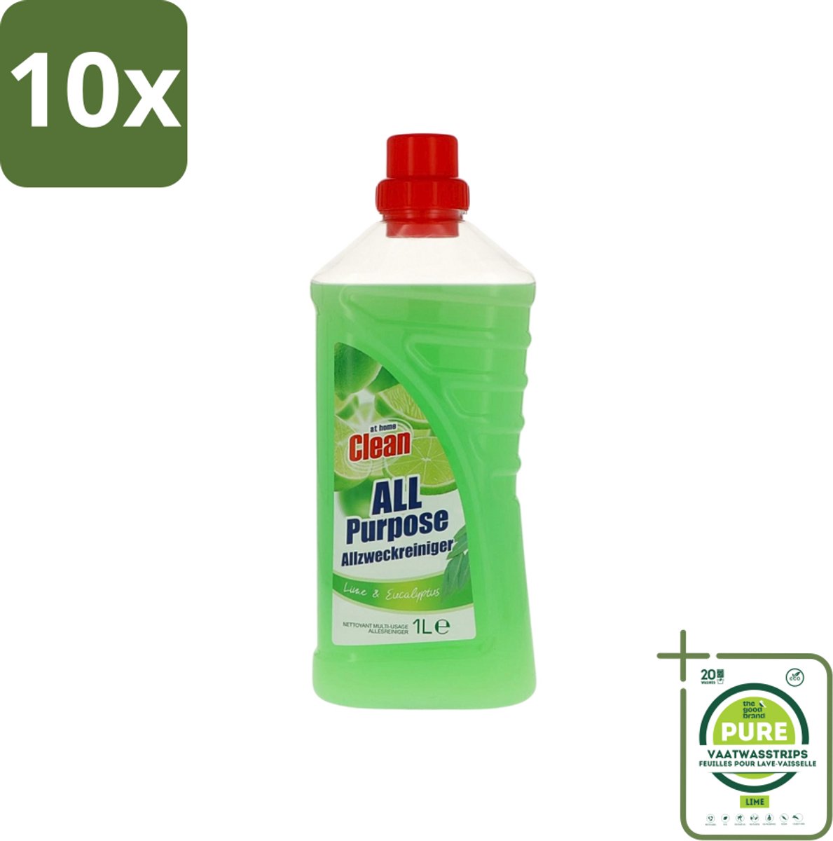 10 x At Home - Clean - Allesreiniger - Limoen & Eucalyptus - 1 L - Grootverpakking - Allesreiniger - Reiniging - Limoen - Eucalyptus - Vloer