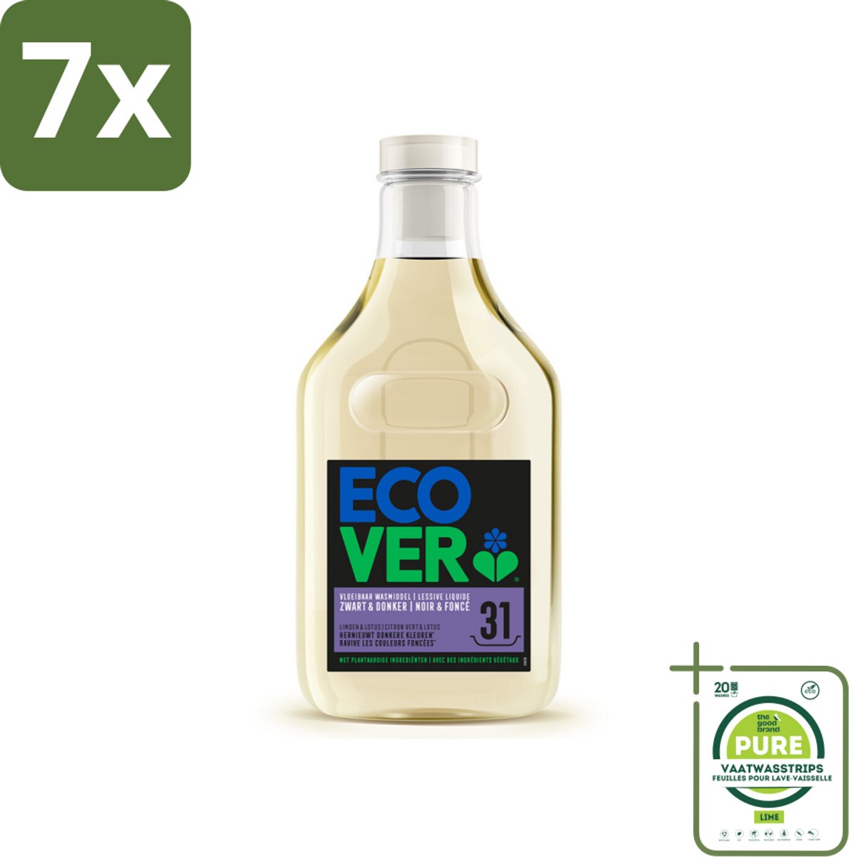 7 x Ecover Vloeibaar Wasmiddel Zwart & Donker - Limoen & Lotus 31 Wasbeurten 1,43 liter - Grootverpakking - Donker Wasmiddel - Donkere Kleuren - Plantaardig Wasmiddel - Milieuvriendelijk Wasmiddel - Ecologisch Wasmiddel