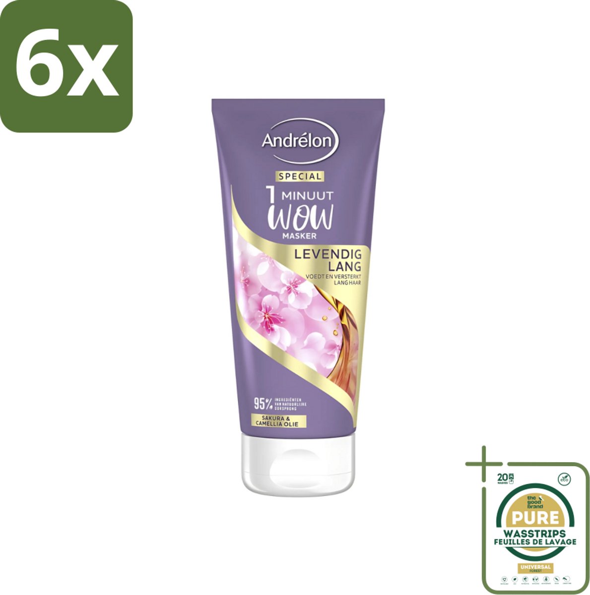 Andrélon - 1 Minuut Wow Haarmasker - Levendig Lang - 180 ml - Voordeelverpakking - 6 stuks - Sakura en camellia-olie - Haar herstel