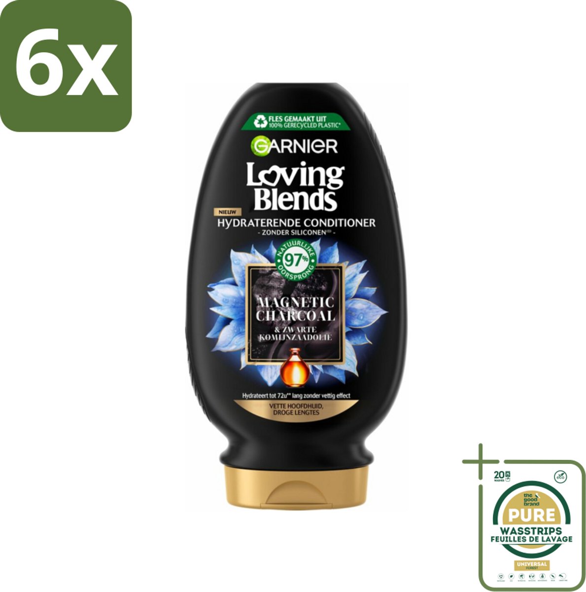Garnier Loving Blends Magnetic Charcoal Conditioner 250 ml - Voordeelverpakking - 6 stuks - Conditioner - Zuiverende conditioner