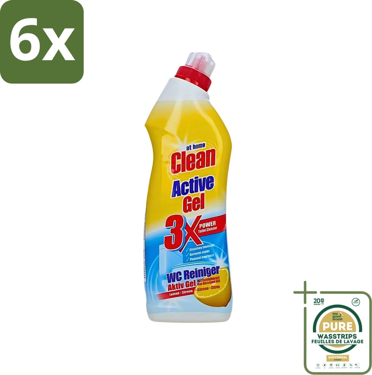 At Home - Clean - Active Gel - Toiletreiniger - Lemon - Extra Krachtig - 750 ml - Voordeelverpakking - 6 stuks - Frisse geur - Toilet reinigen