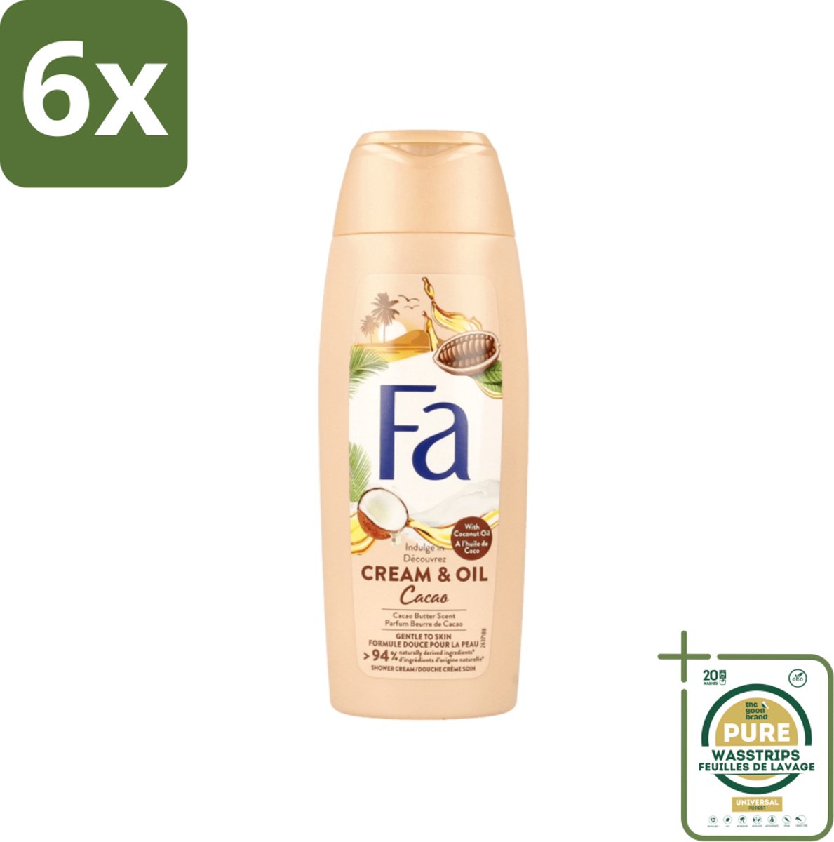 Fa - Douchecrème - Room & Olie Kokosnuss Kakaoboter - Verzachtend & Voedend - 250 ml - Voordeelverpakking - 6 stuks - Verzorgende douche - Cacaoboter
