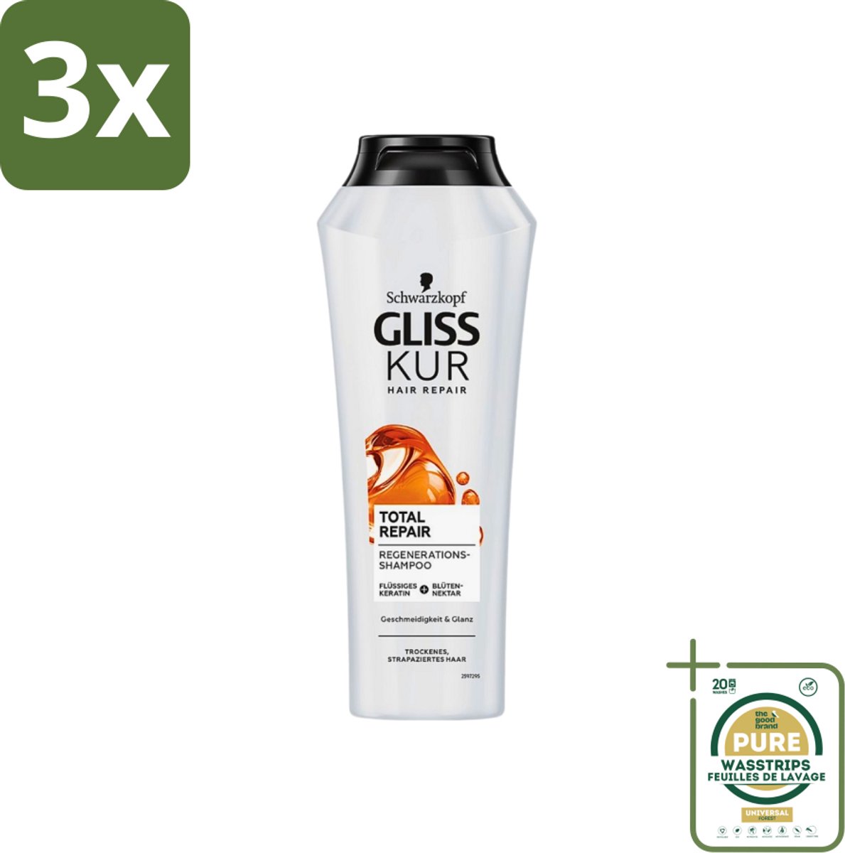 3 x Gliss Kur - Shampoo - Vrouwen - Hydraterende Verzorging - 250 ml - Grootverpakking - Hydraatende Shampoo - Gespleten Haarpunten - Keratine - Haarverzorging - Haarherstel
