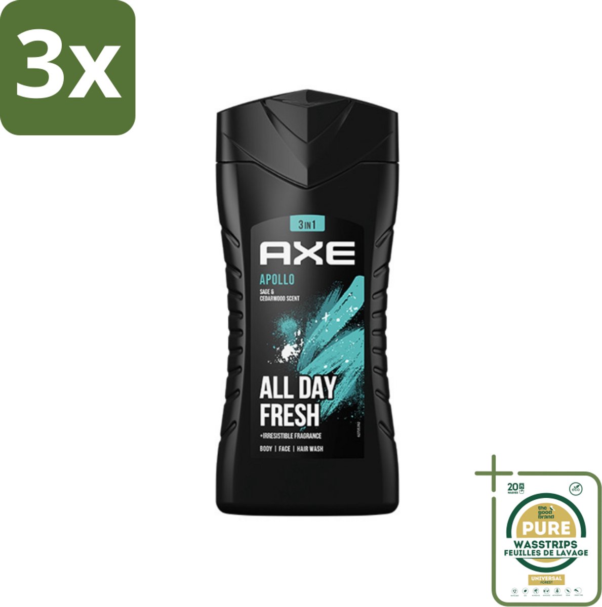 3 x Axe - 3-in-1 Douchegel - Apollo - Sage & Cedarwood - 250 ml - Grootverpakking - Douchegel - Mannelijke Geur - 3-in-1 - Lichaam En Gezicht - Gezicht En Haar