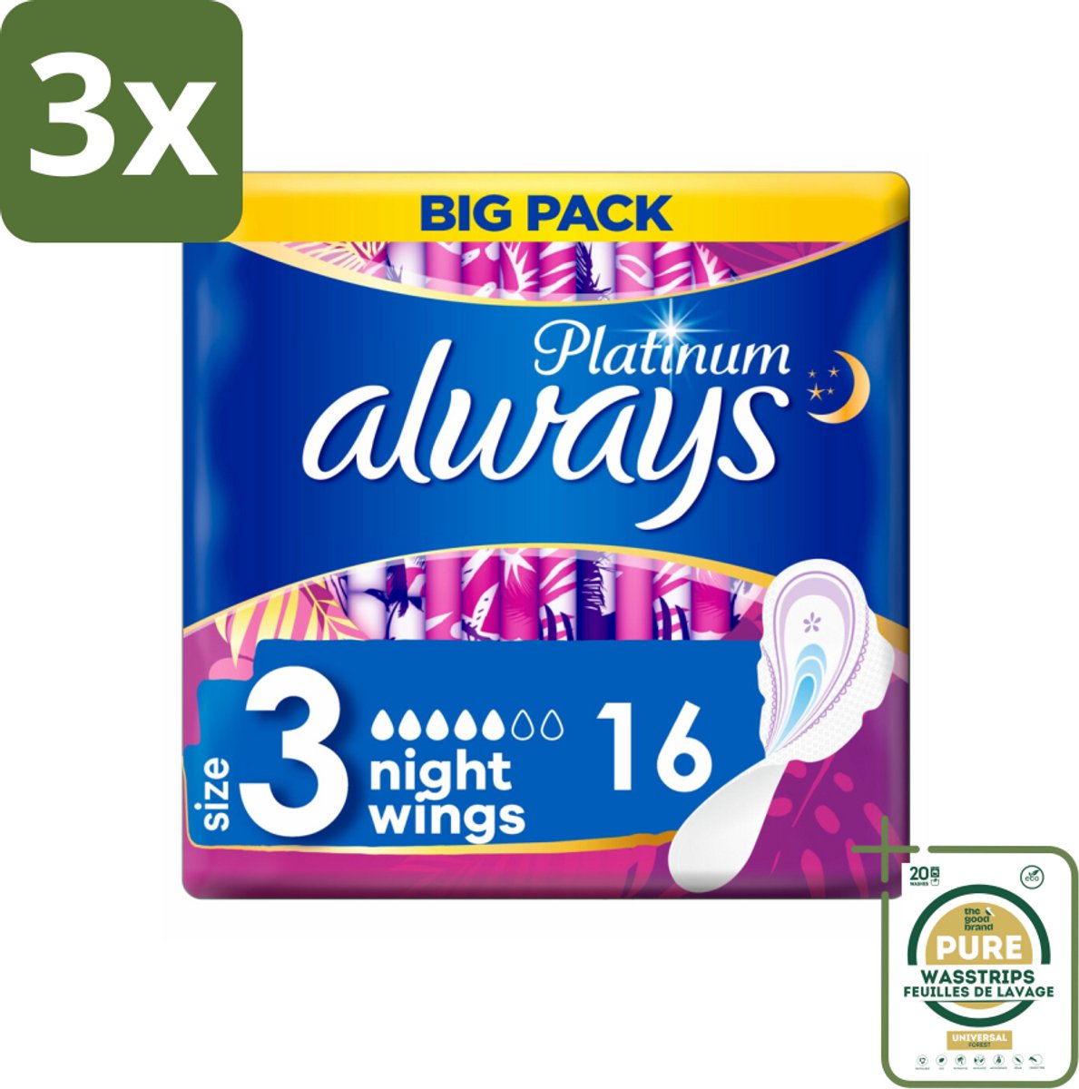 3 x Always Maandverband Platinum Ultra Night 16 stuks per verpakking - Grootverpakking - Maandverband Nacht - Nachtbescherming - Maandverband Voor Nacht - Maandverband Ultra Night - Maandverband Met Vleugels
