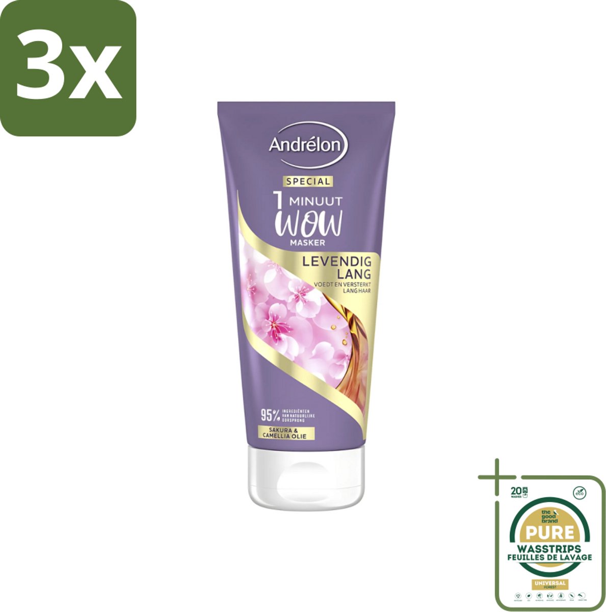3 x Andrélon - 1 Minuut Wow Haarmasker - Levendig Lang - 180 ml - Grootverpakking - 1 Minuut Masker - Haarmasker Lang Haar - Sakura En Camellia-olie - Haarmasker Voor Lang Haar - Haarmasker 1 Minuut