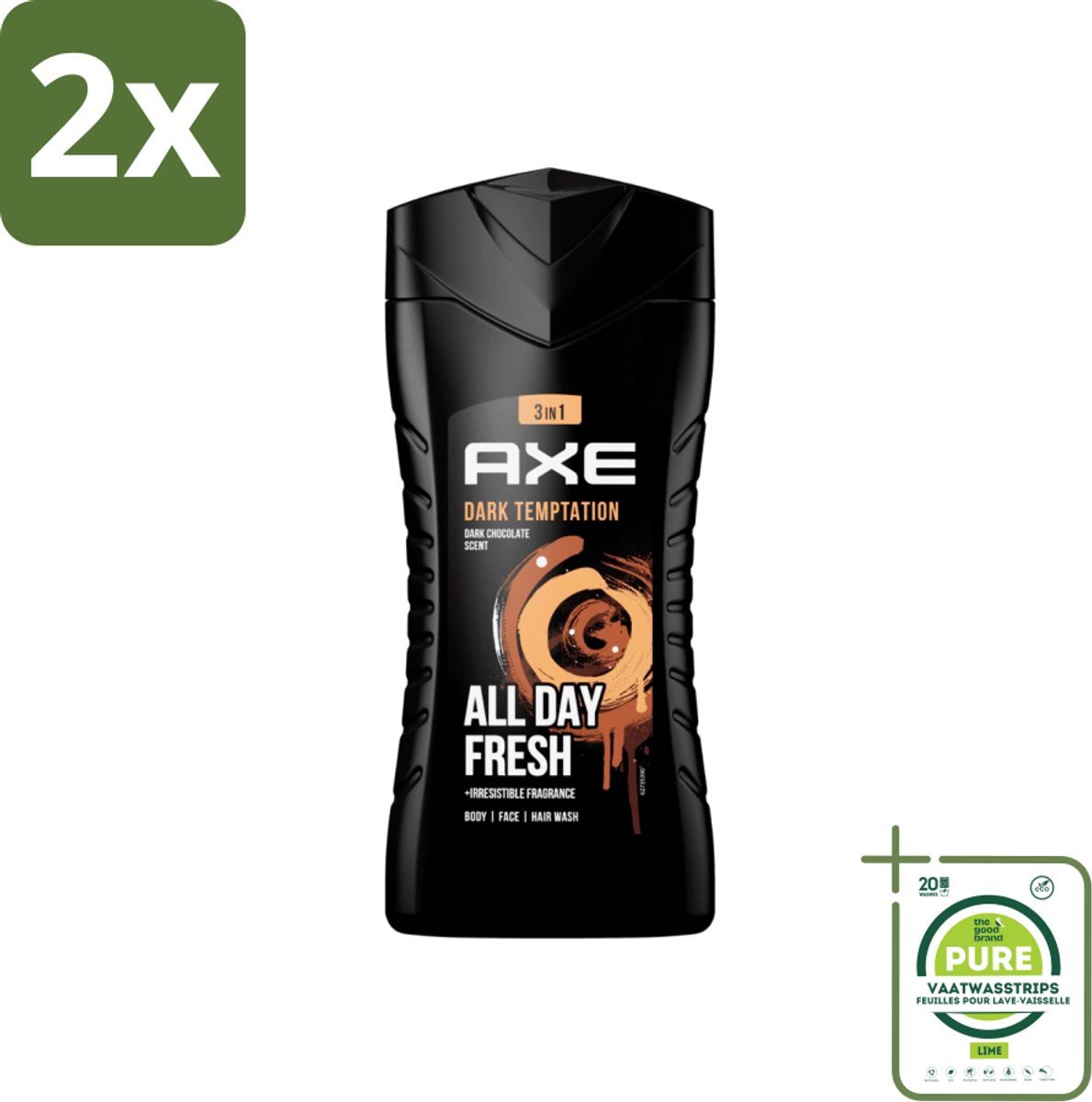 Axe - 3-in-1 Douchegel - Dark Temptation - Dark Chocolate - 250 ml - Voordeelverpakking - 2 stuks - Axe Dark Temptation Douchegel - 3-in-1 Douchegel