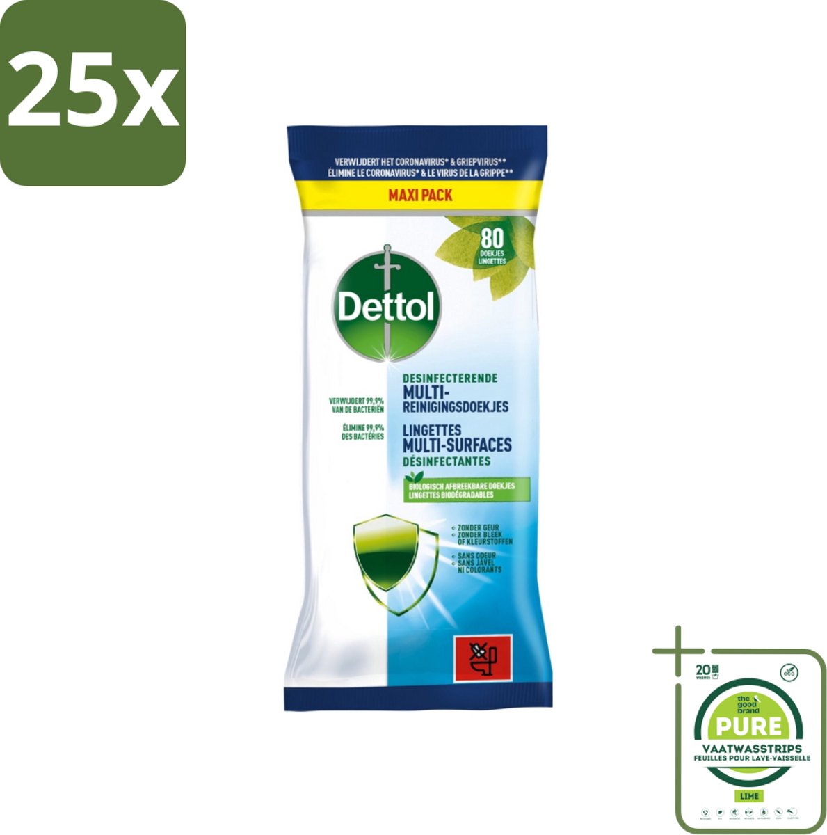 25 x Dettol - Multi-Reinigingsdoekjes - Desinfecterend - Zonder Bleek & Geurstoffen - Biologisch Afbreekbaar - 80 Doekjes - Grootverpakking - Dettol Doekjes - Hygiëne - Reinigingsdoekjes - Keukenvet Verwijderen - Vuil Verwijderen