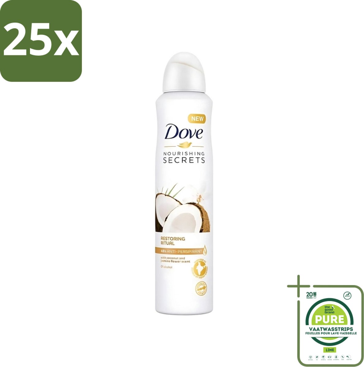 25 x Dove - Deodorant - Coconut & Jasmine Flower - Tropisch en verzorgend - 250 ml - Grootverpakking - Dove Deodorant Spray - Kokos En Jasmijn - Anti-transpirant Spray - Zachte Oksels - Geur Van Kokos En Jasmijn