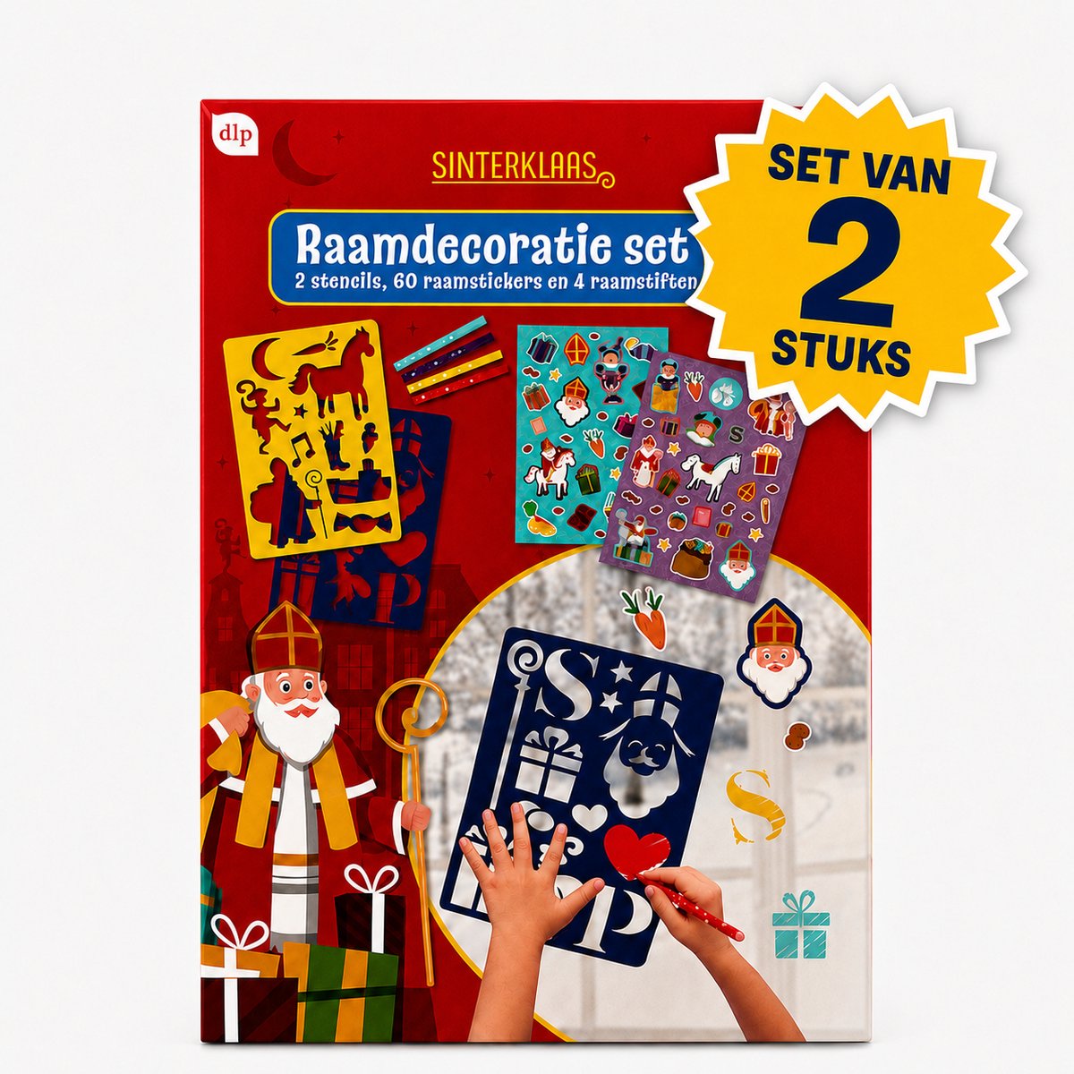 Sinterklaas Raamdecoratie Set – 2 Stuks – 120 Raamstickers – 8 Raamstiften – 4 Stencils – Herbruikbaar – Feestartikel