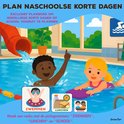 Kinderen spelen in een zwembad met glijbaan. Pictogrammen Zwemmen, Lunchen en School.