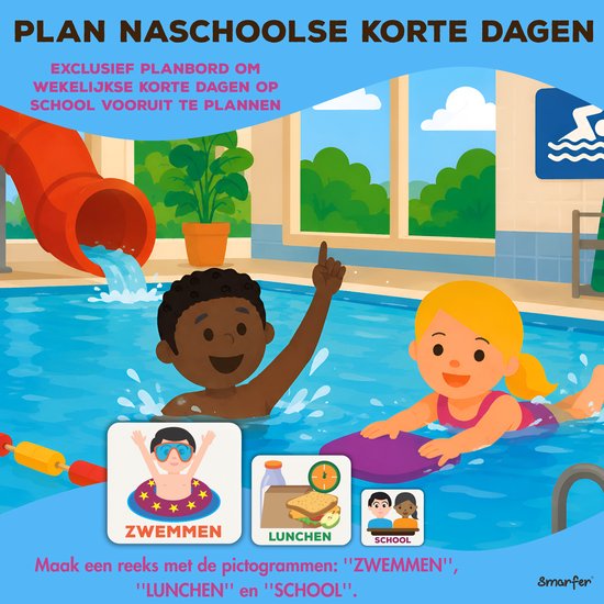 Kinderen spelen in een zwembad met glijbaan. Pictogrammen Zwemmen, Lunchen en School.