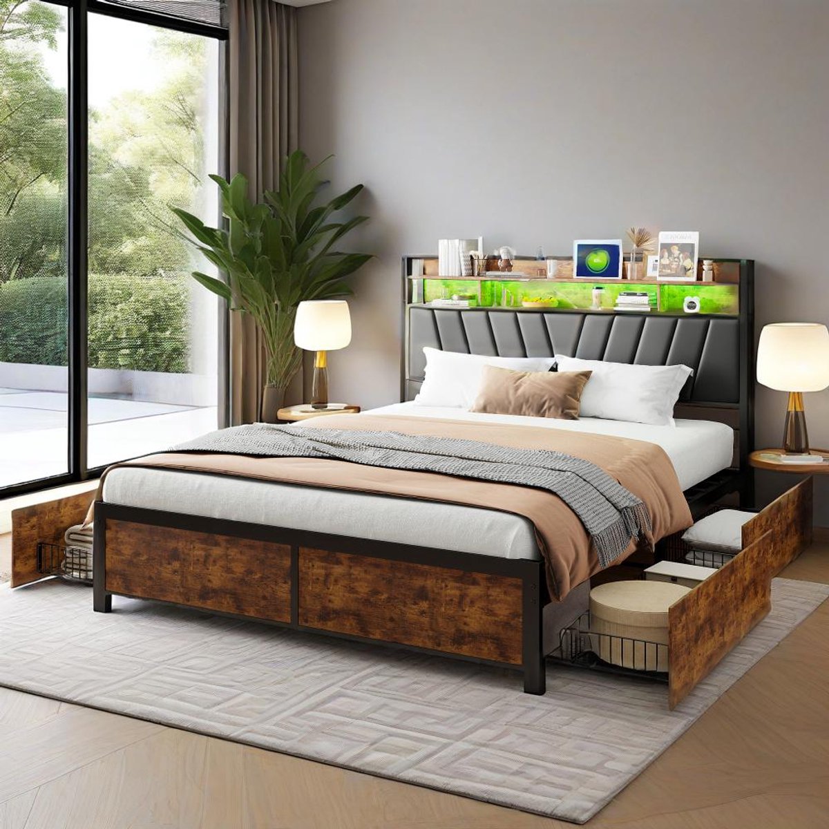 ROSAHQNDA Gestoffeerd Opbergbed - 160x200 cm - LED Hoofdbord met USB en 4 Lades - Retro Bed voor Slaapkamer - MDF Metaal PU Leer - Zwart Vintage Bruin - Zonder Matras