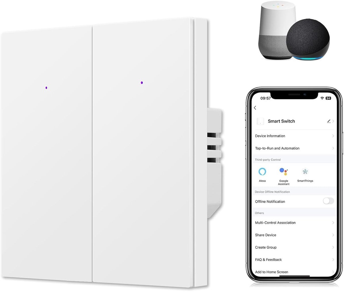 Slimme Wandlichtschakelaar, Flush-Montage Wit, Dual WiFi Muur Switch, Compatibel met Alexa en Google Assistant, LED Statusindicator, Multi-Control, Timer en Tweezijdige Bediening